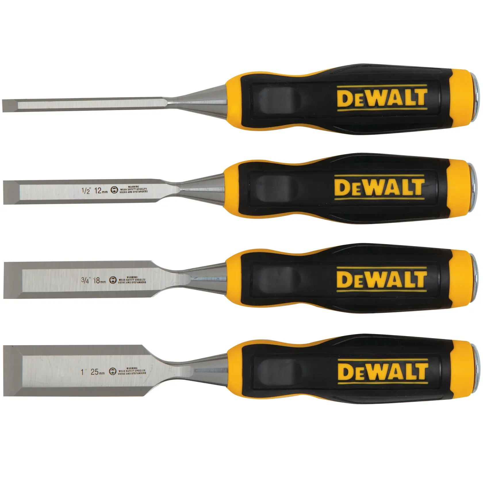 Lot de quatre ciseaux à bois DEWALT avec poignées noires et jaunes, différentes tailles alignées.