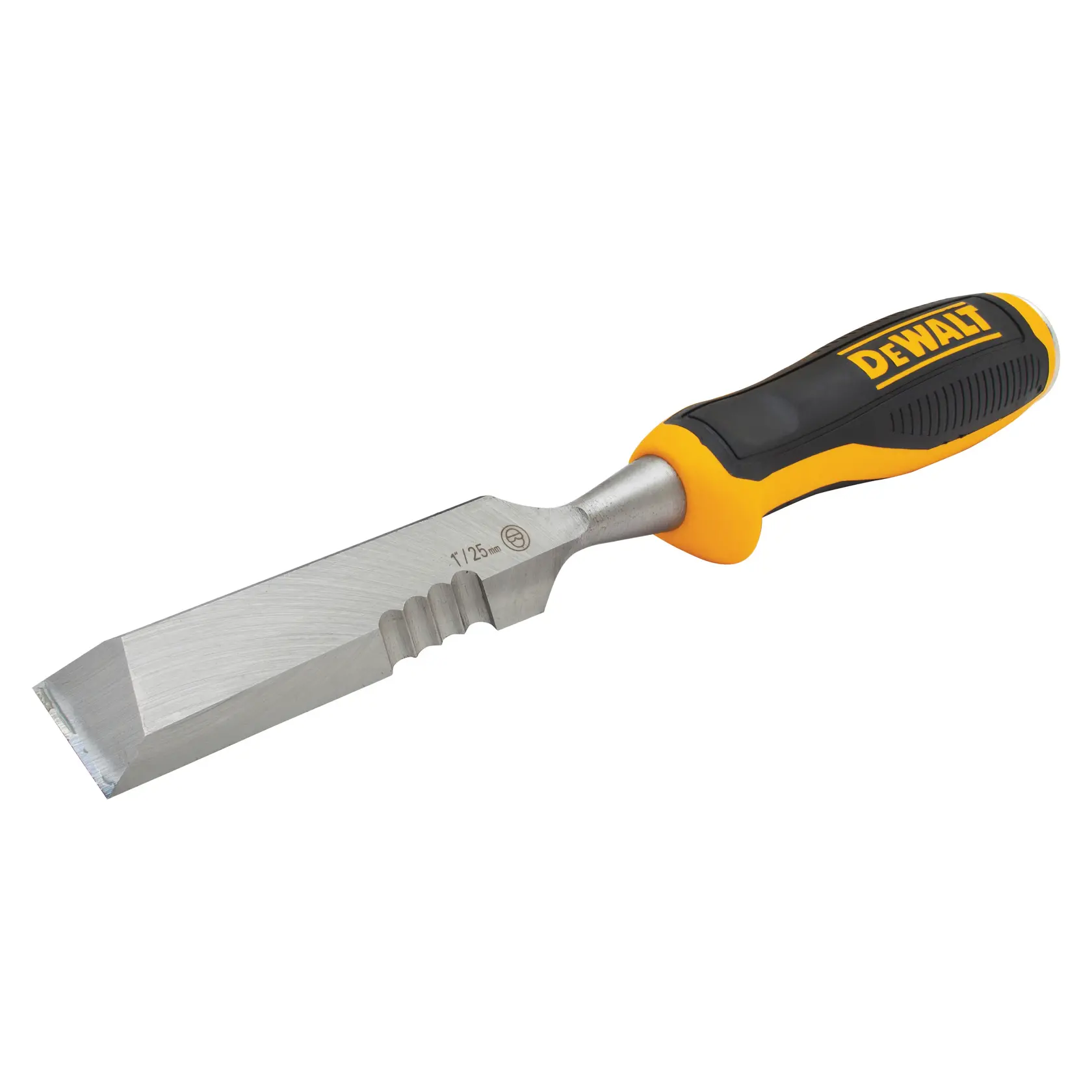Ciseau DEWALT avec manche noir et jaune et lame en métal, adapté au travail du bois.