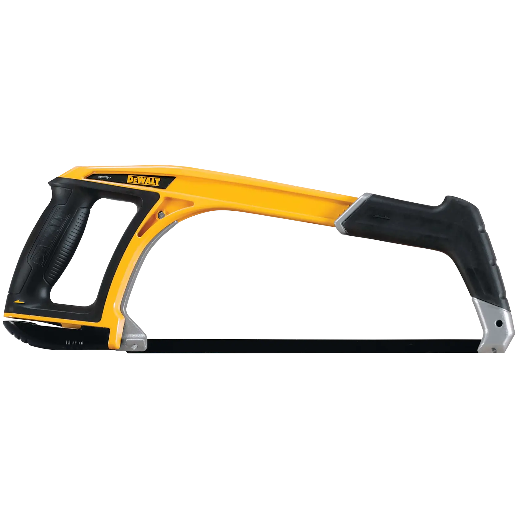 Une scie à métaux DEWALT avec une armature jaune et noire, une poignée ergonomique et une lame exposée, conçue pour couper le métal et d'autres matériaux.