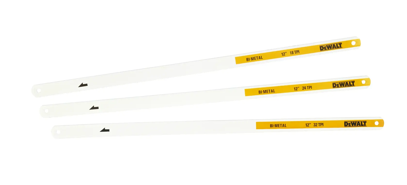 Trois lames de scie en bimétal DEWALT avec extrémités jaunes et TPI, longueur indiquée, alignées côte à côte.