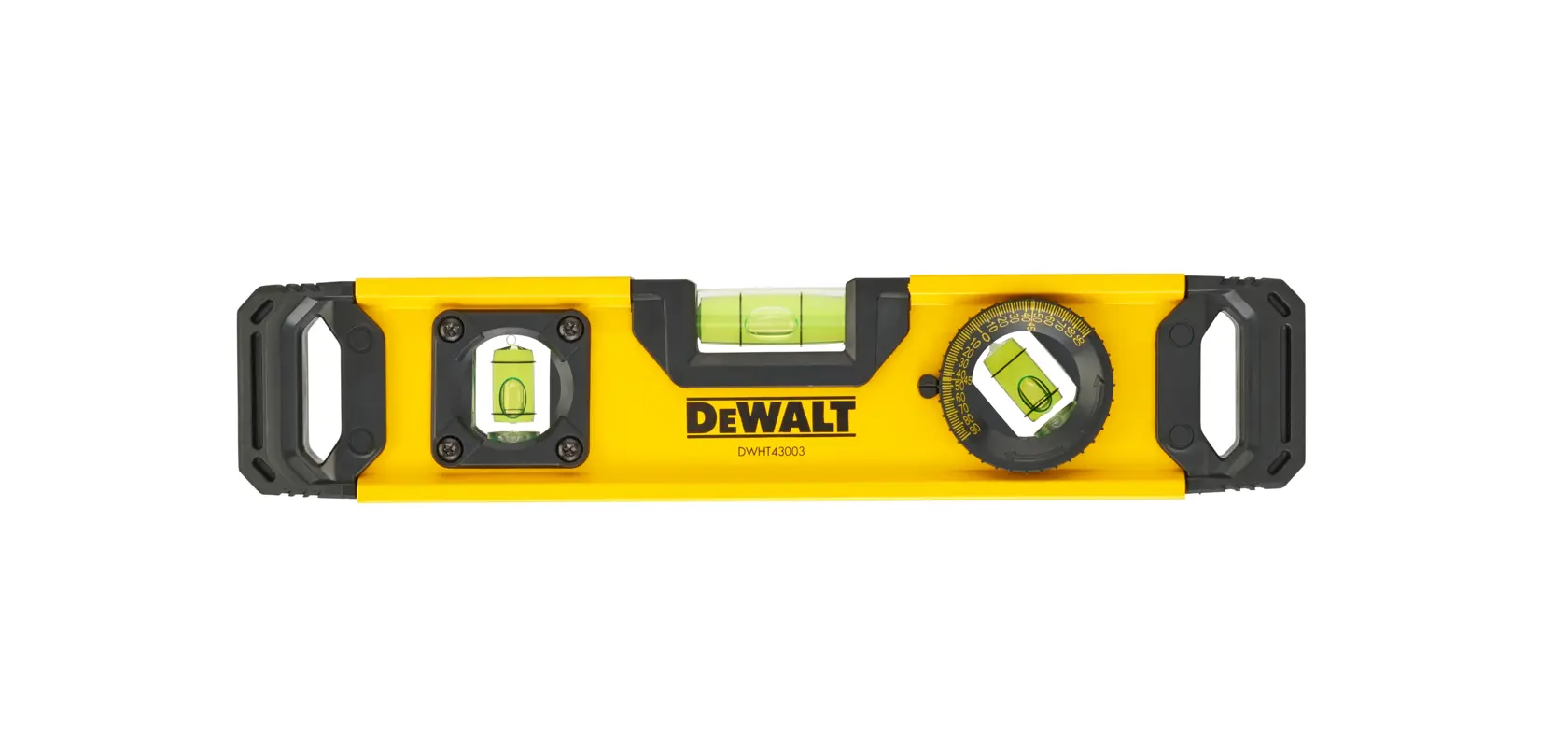 Niveau à bulle DEWALT DWHT0-43003 jaune avec trois fioles et extrémités noires, pour un nivellement précis.