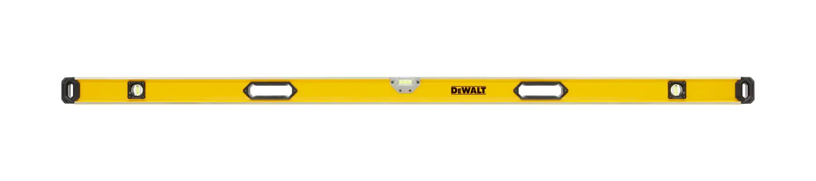 Niveau à bulle DEWALT jaune avec trois fioles et deux poignées, conçu pour des mesures précises.