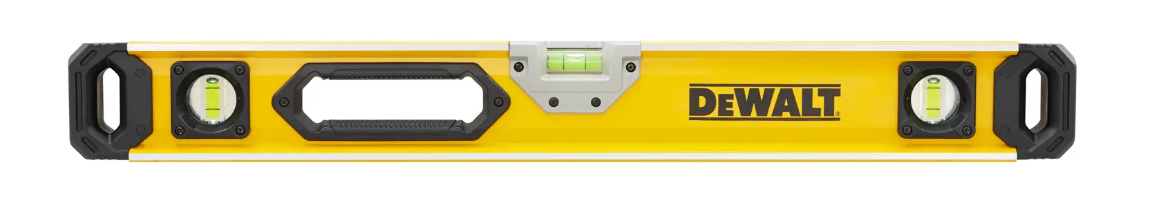 Niveau à bulle DEWALT jaune avec trois fioles et poignées, utilisé pour mesurer surfaces droites et planes.