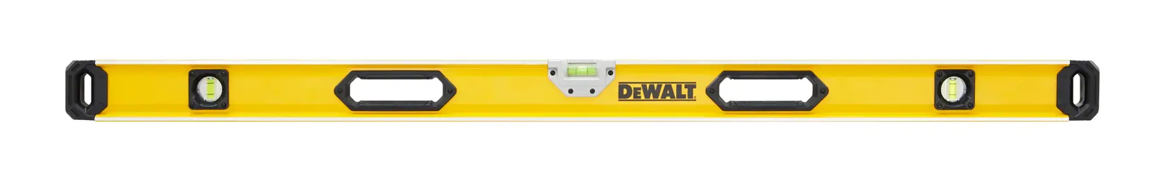 Niveau à bulle DEWALT jaune avec poignées et trois fioles pour un alignement précis.
