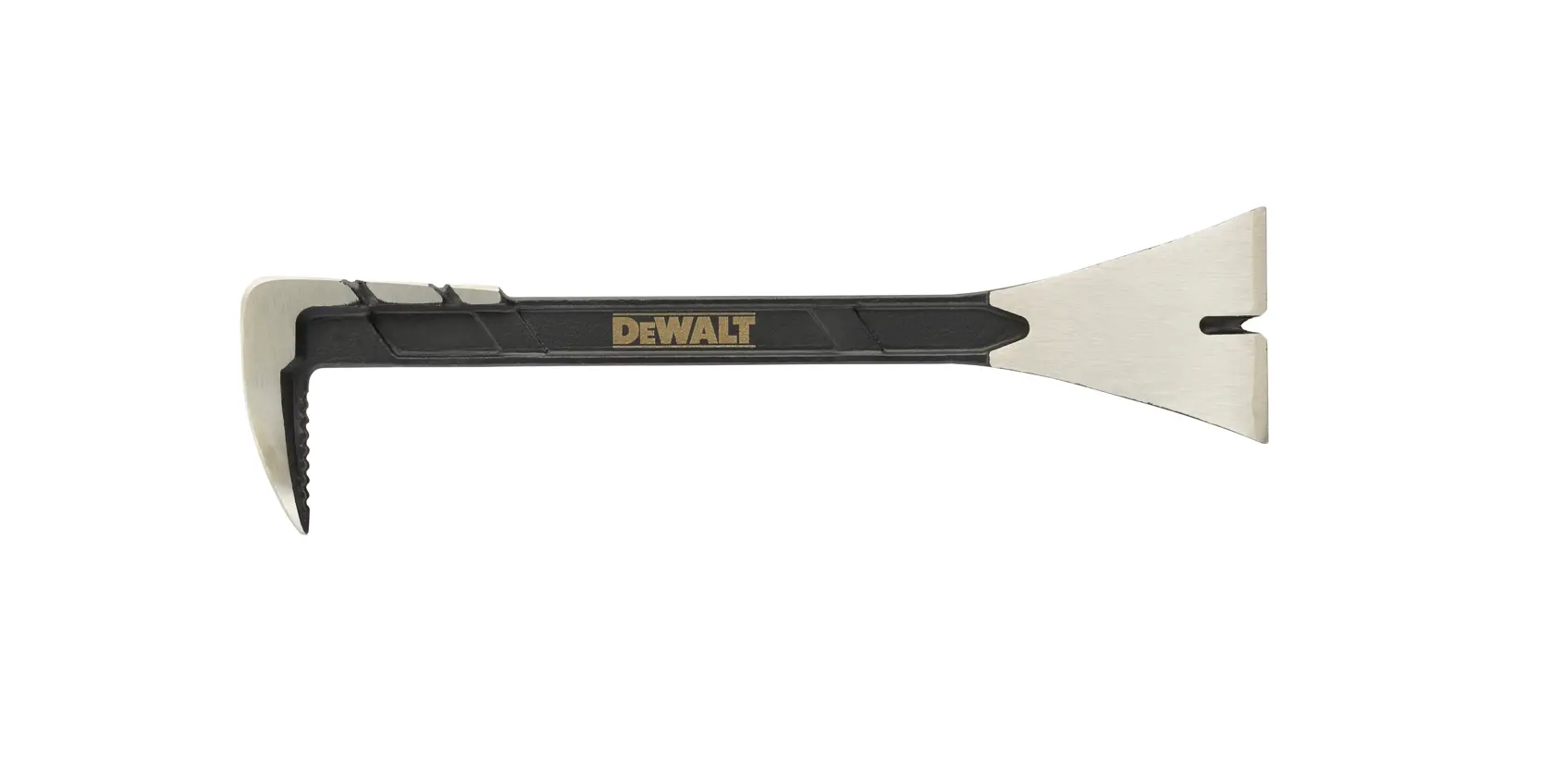 Barre DEWALT avec poignée noire, extrémité à griffes et extrémité plate pour travaux de construction.