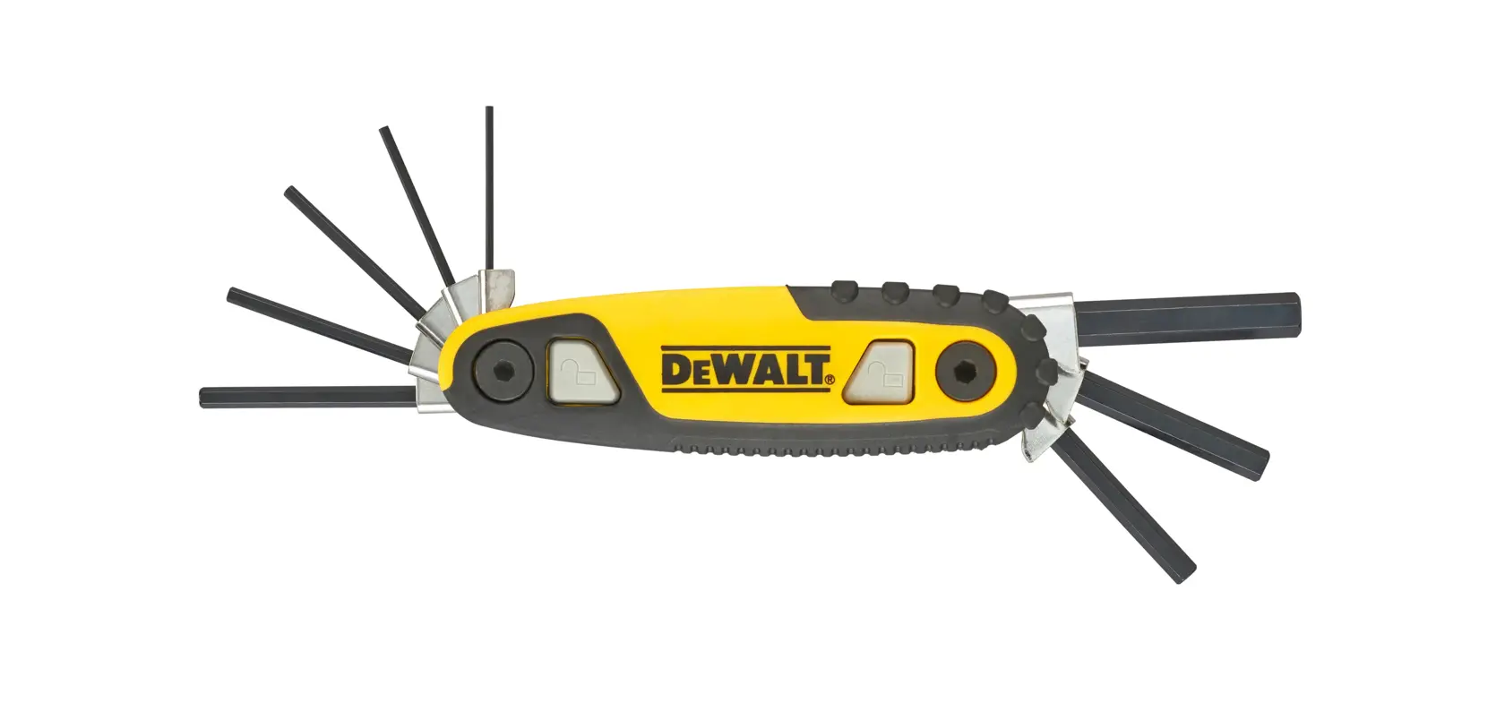 Jeu de clés hexagonales DEWALT dépliées, poignée noire et jaune.