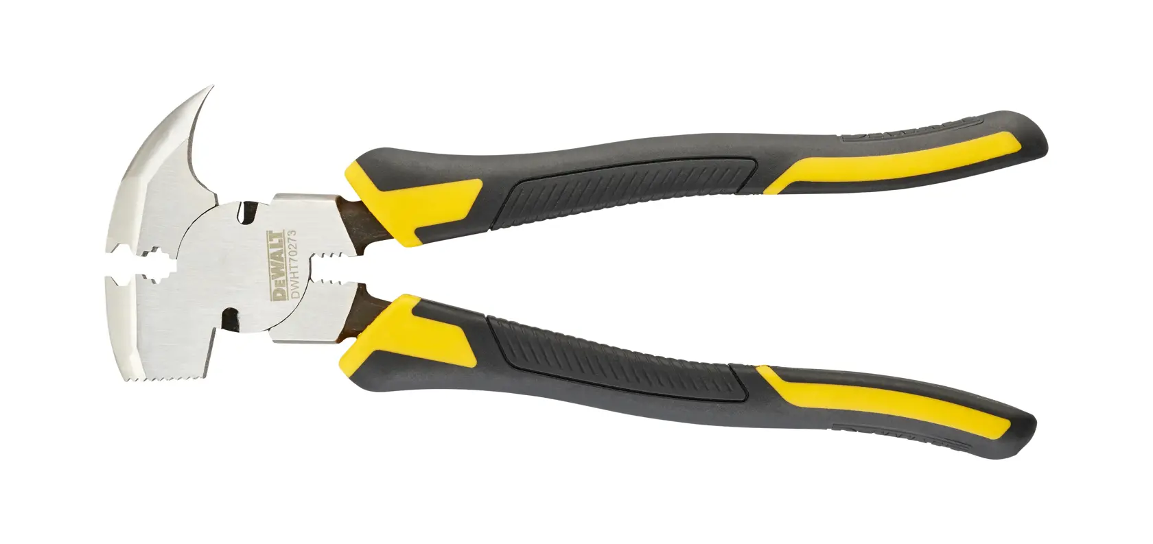 Pince multifonction DEWALT avec poignées noires et jaunes sur fond blanc.