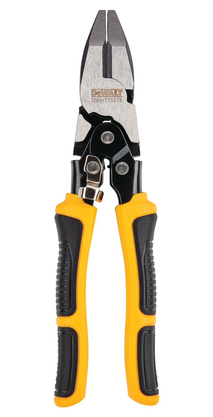 Cisailles DEWALT pour métal avec poignées jaunes et noires, présentées verticalement sur fond blanc.