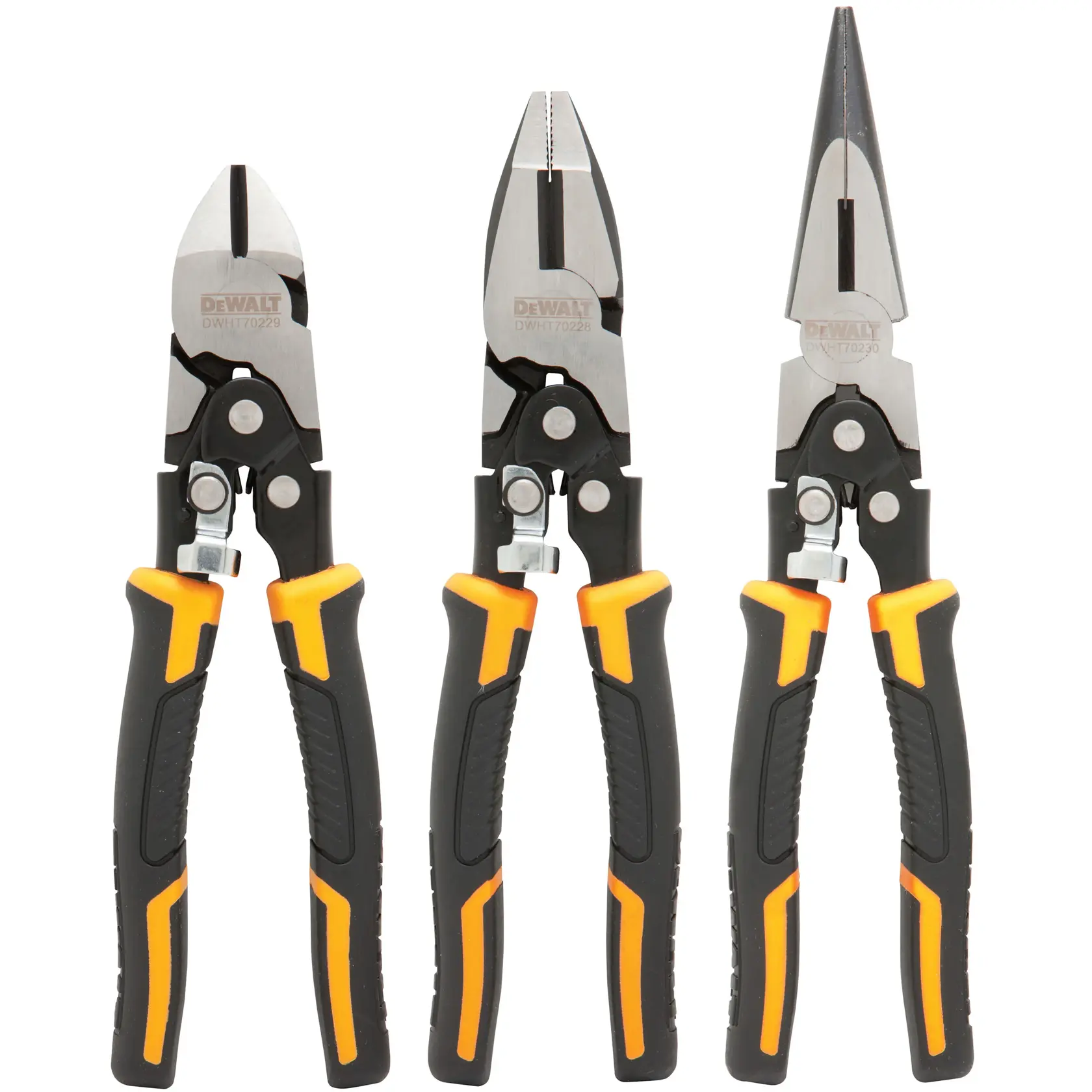 Trois pinces DEWALT à poignées noires et jaunes sont disposées verticalement sur fond blanc.