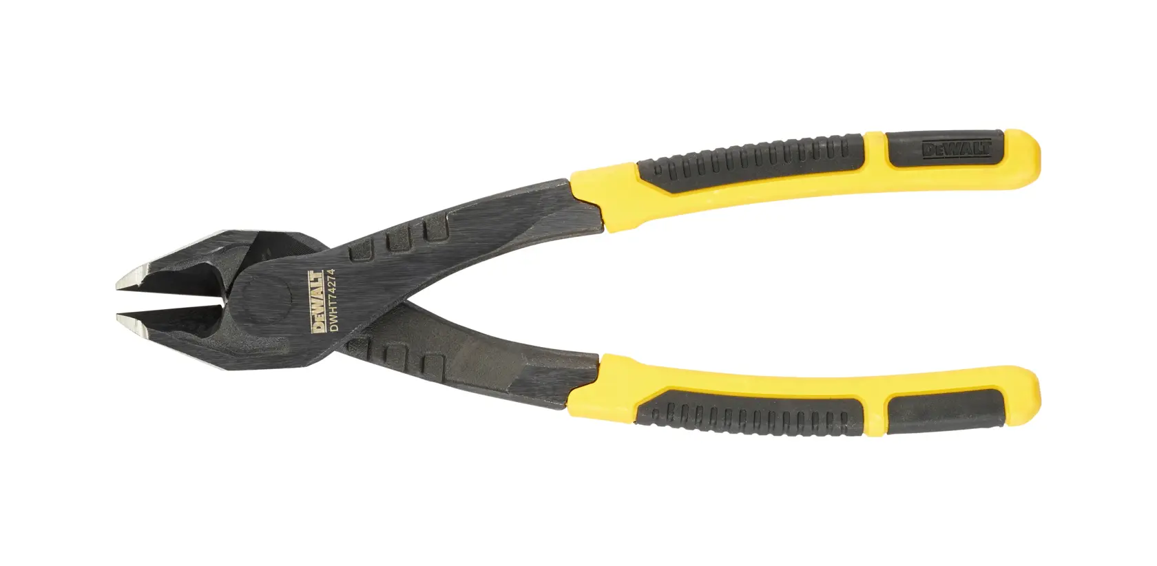Pince coupante diagonale DEWALT avec poignées jaunes et noires, outil pour couper les fils sur fond blanc.