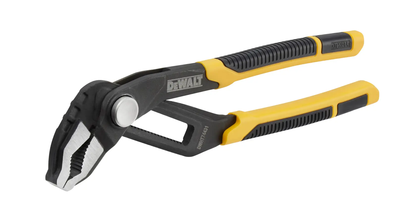 Pince multiprise DEWALT noire et jaune, poignées ergonomiques, mâchoires inclinées pour saisir objets.
