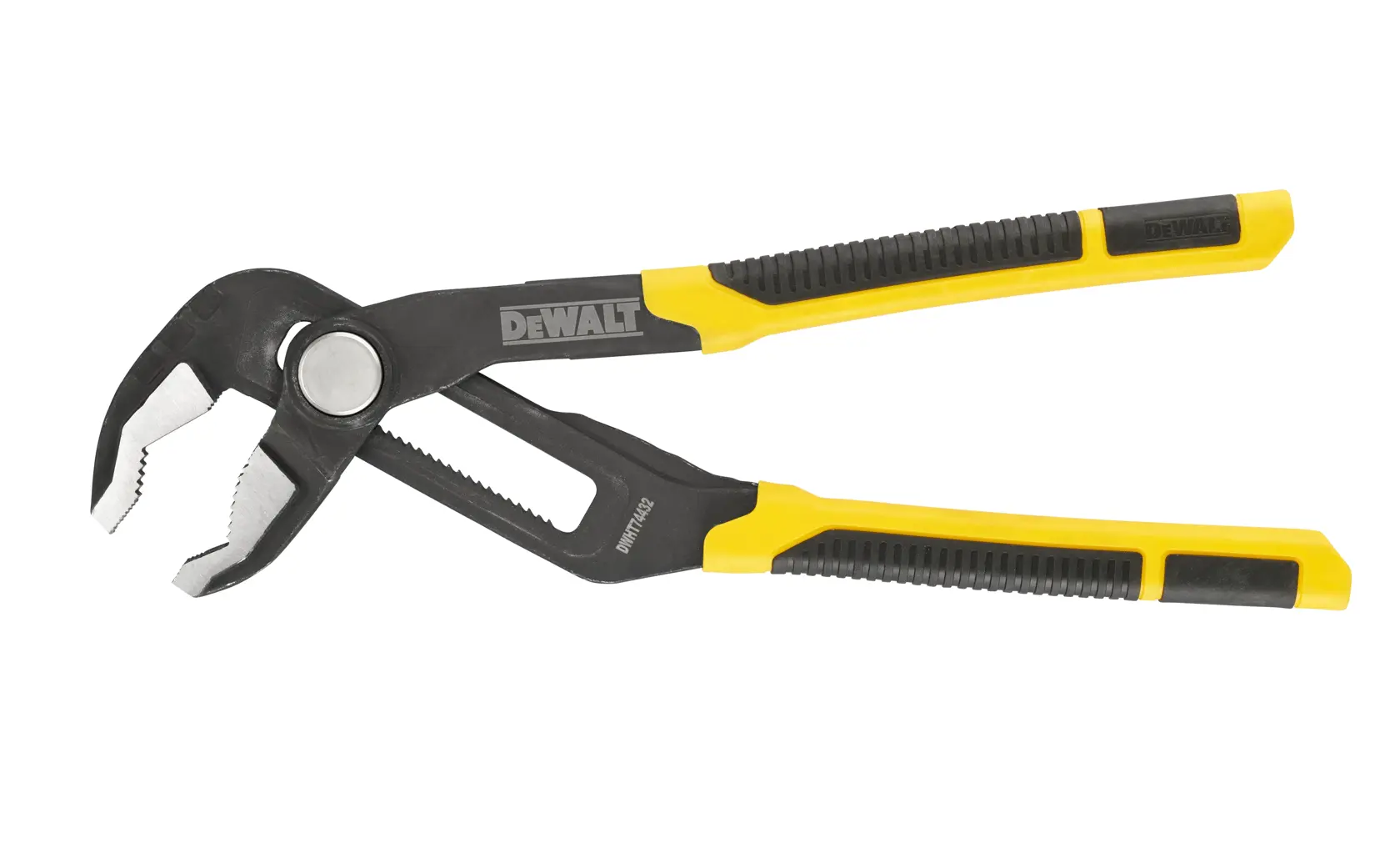 Pince multiprise DEWALT réglable, poignées noire et jaune, présentée sur fond blanc.
