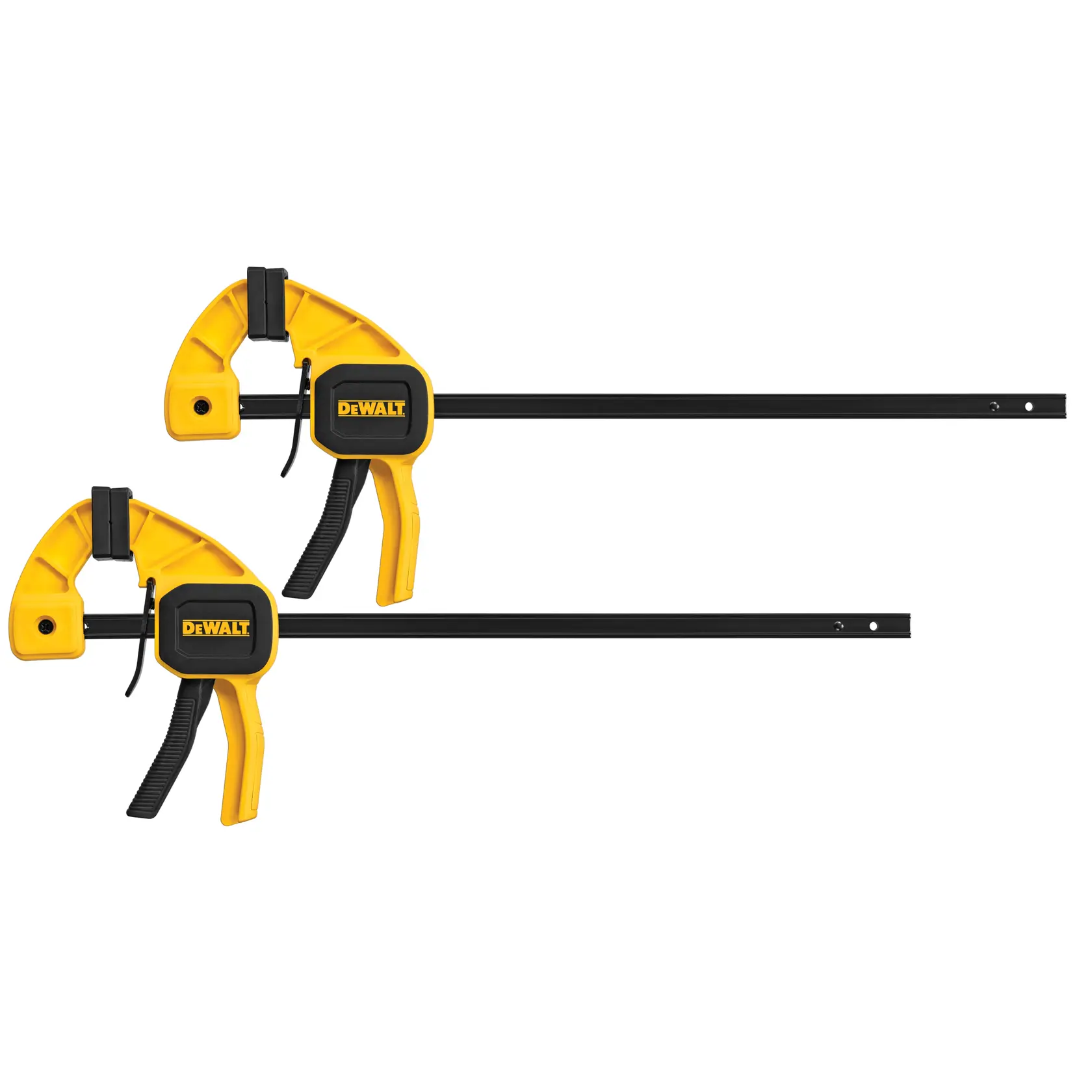 Deux serre-joints DEWALT jaune et noir à dégagement rapide avec longues barres métalliques pour matériaux.