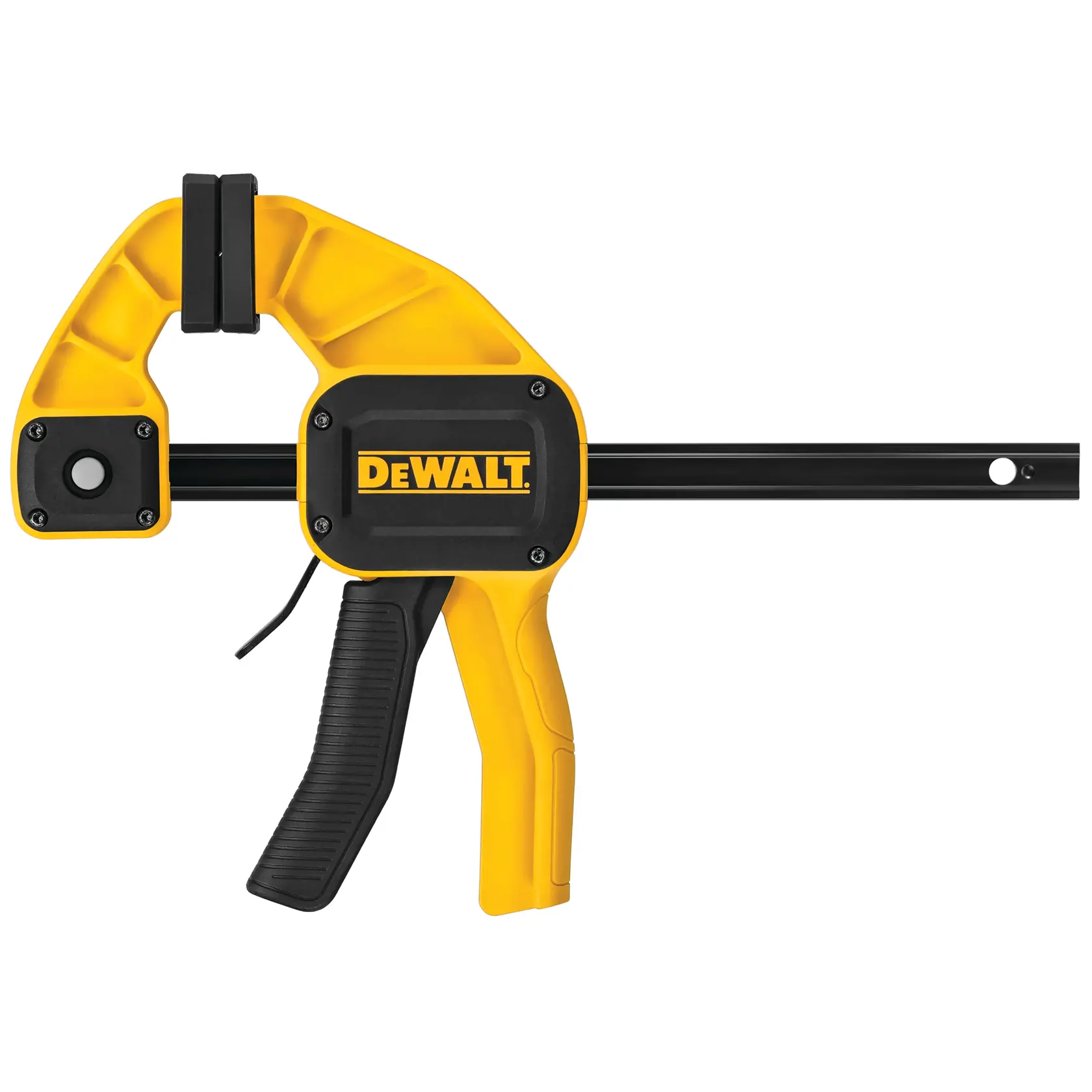 Pince à gâchette DEWALT jaune et noire avec poignée et mâchoire mobile pour fixer des matériaux.