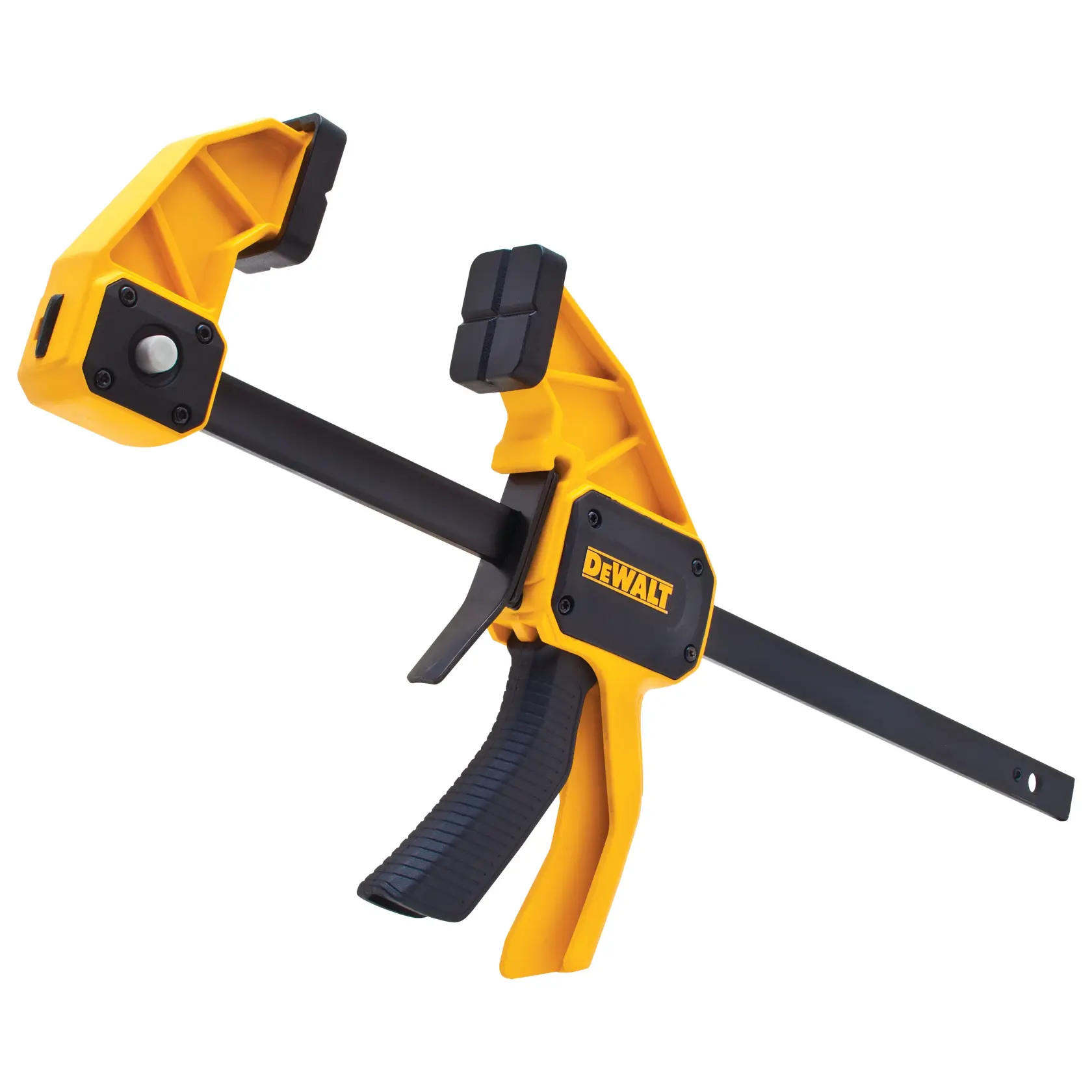 Pince à barre DEWALT jaune et noire, à une main, pour maintenir solidement des matériaux pendant le travail.