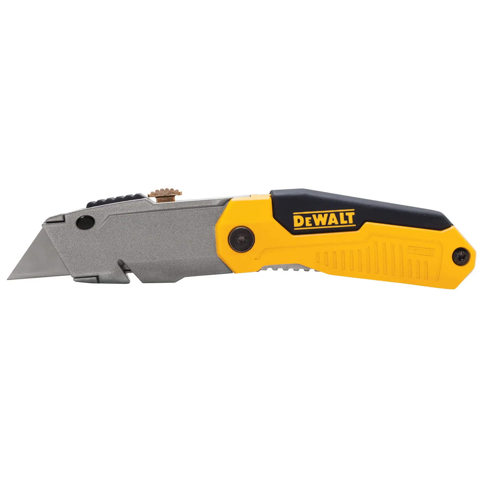 Un couteau utilitaire DEWALT avec une lame rétractable et une poignée ergonomique jaune et noire.