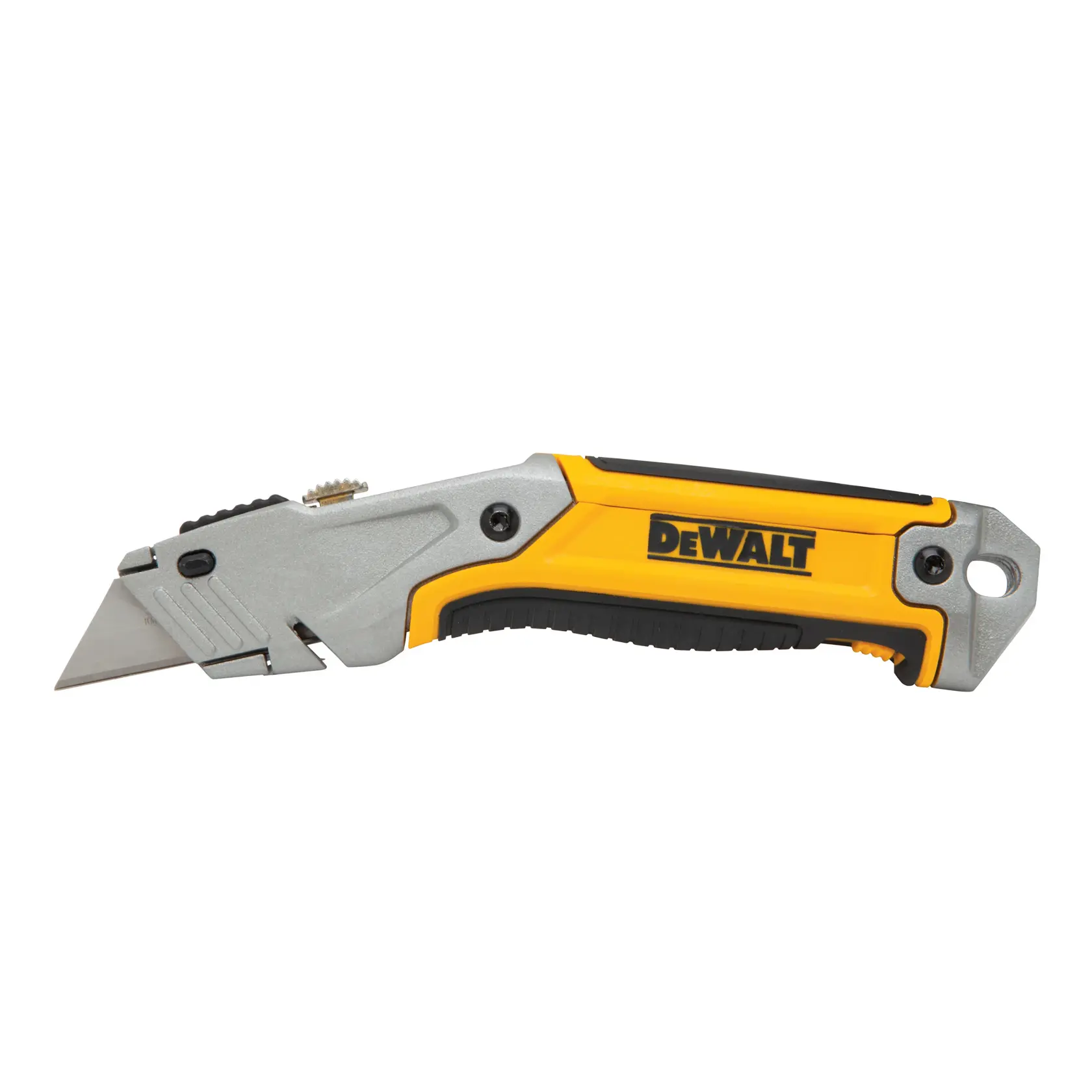 Cutter utilitaire DEWALT avec lame rétractable, doté d'une poignée jaune et noire et d'un design ergonomique.