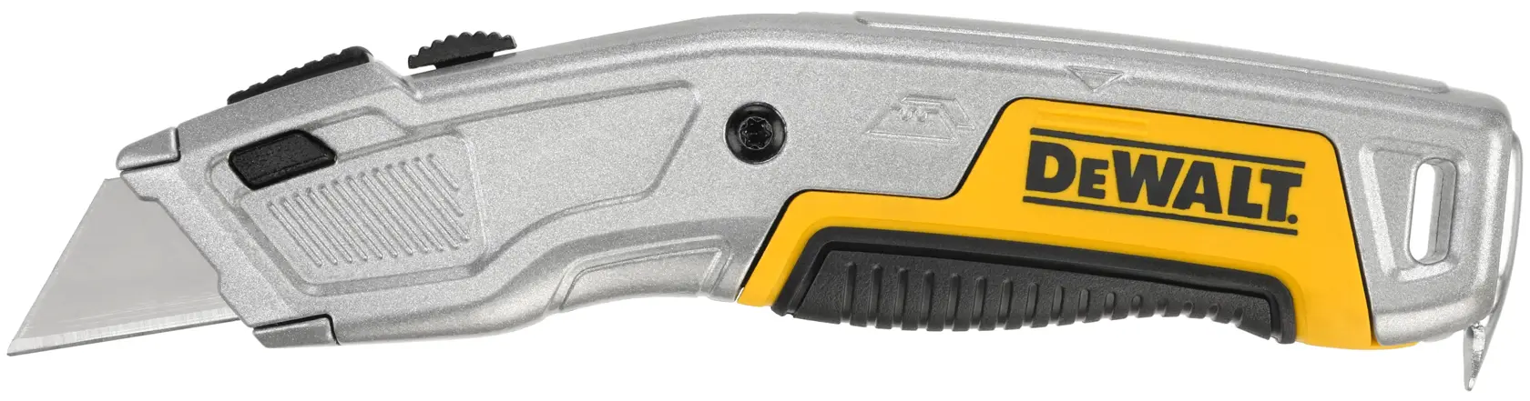 Un couteau utilitaire DEWALT avec une lame rétractable, un corps argenté et des accents jaunes et noirs. Le logo DEWALT est visible sur le manche.