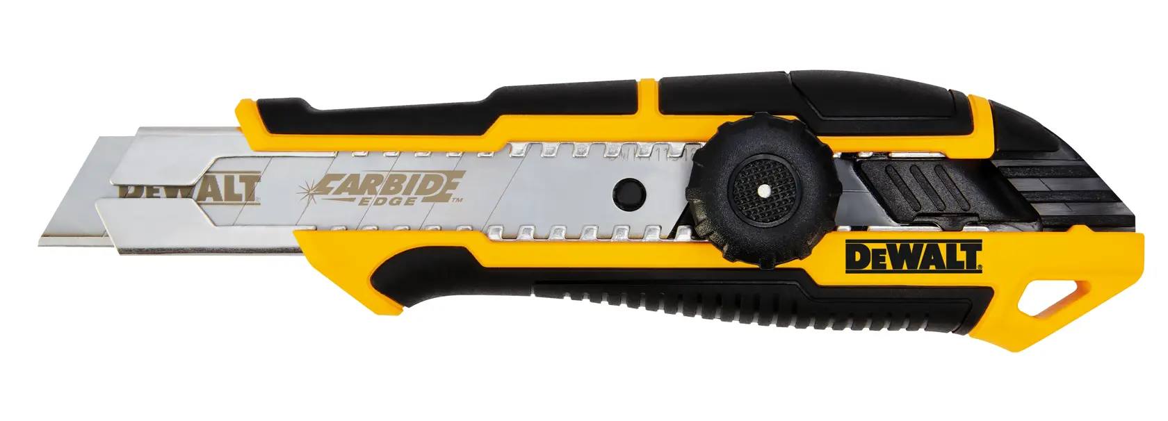 Un couteau utilitaire DEWALT avec une lame en carbure, arborant un design jaune et noir et un mécanisme de glissière ajustable.