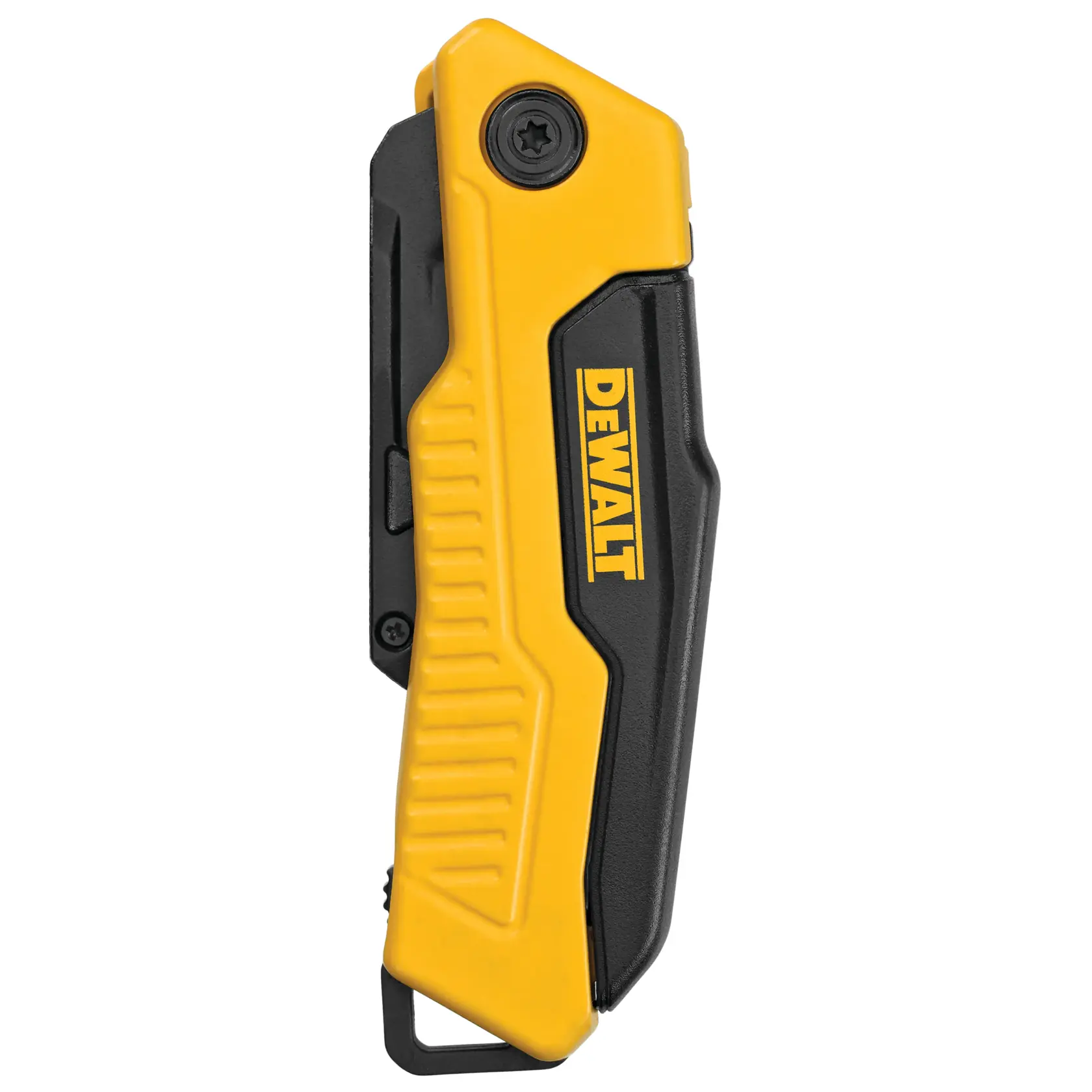 Ein DEWALT Klapp-Universalmesser mit gelbem und schwarzem Griff und eine sichtbare silberne Klinge, abgebildet vor weißem Hintergrund.