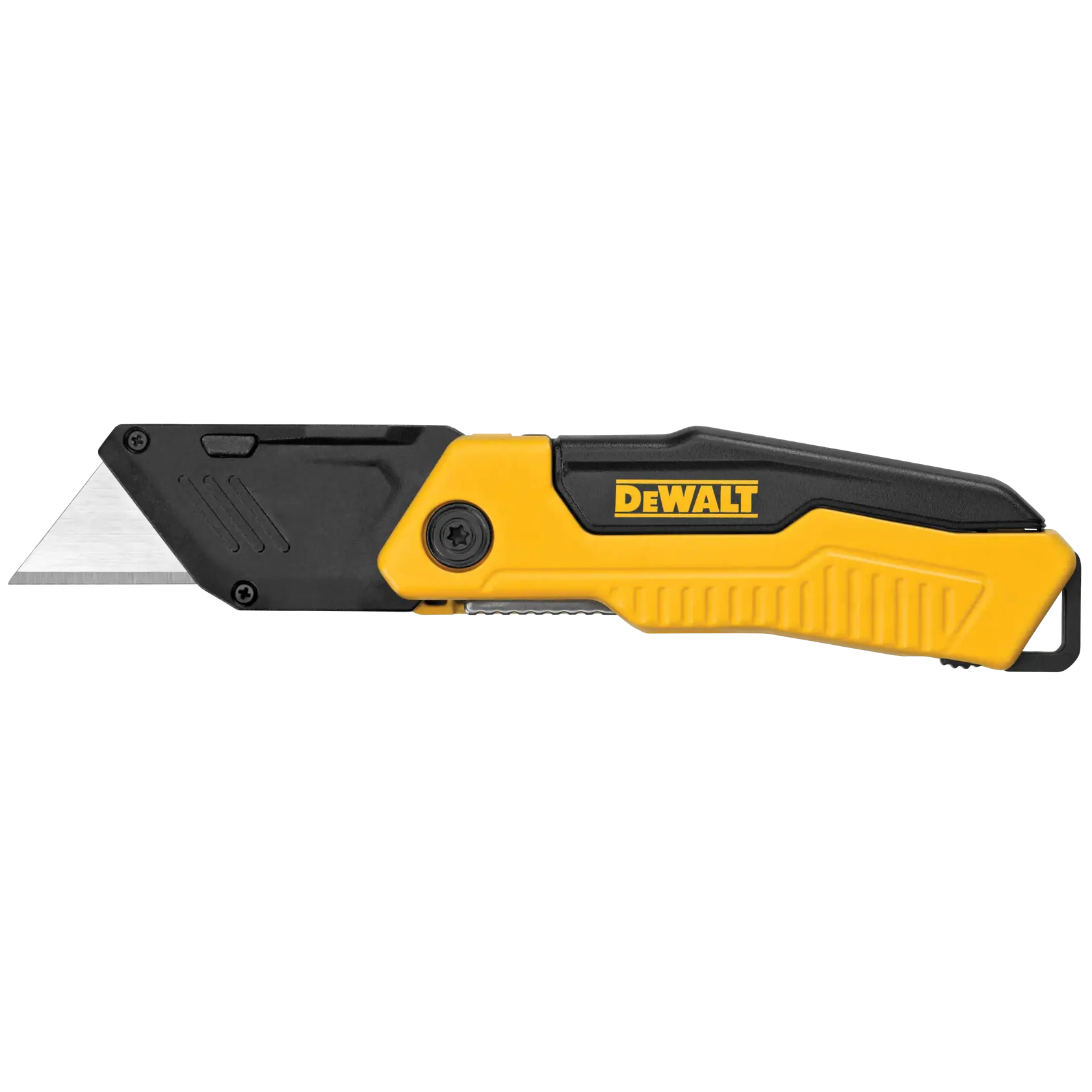 Un couteau utilitaire DEWALT avec une lame rétractable, doté d'une poignée noire et jaune et du logo DEWALT.