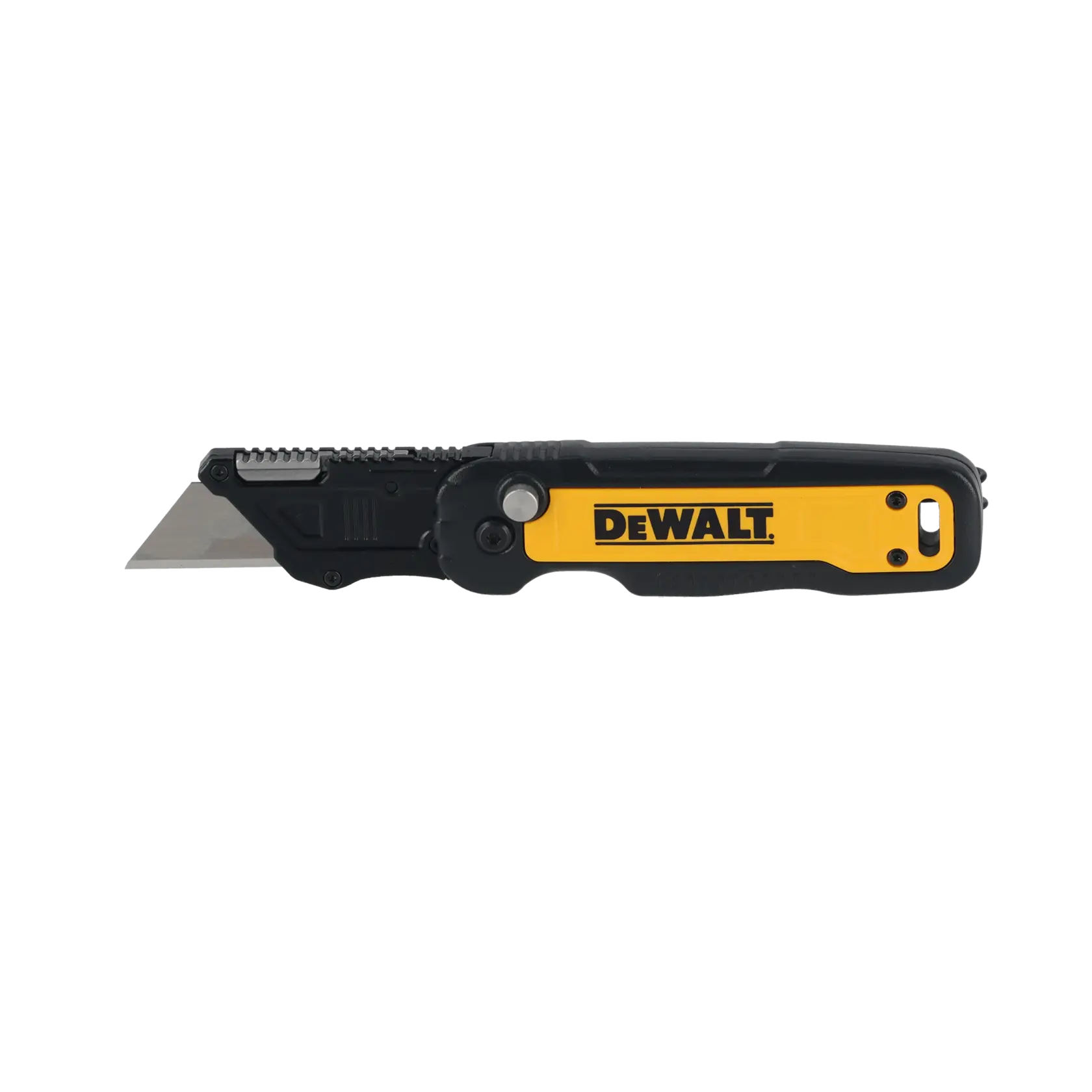 Cutter pliant DEWALT à lame apparente, manche jaune et noir, présenté de côté.