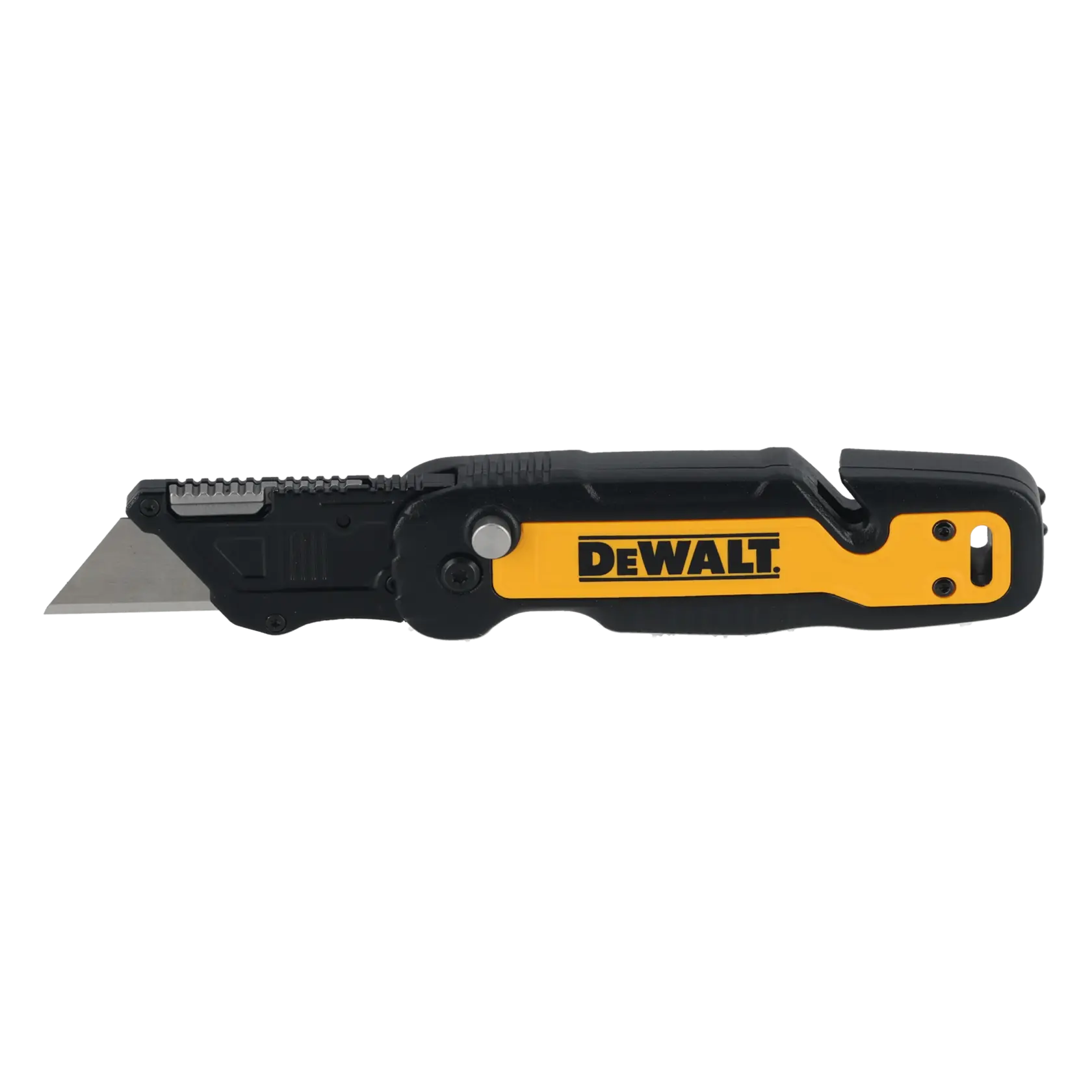 Cutter pliant DEWALT, poignée noire et jaune, lame visible et outil de coupe intégré.