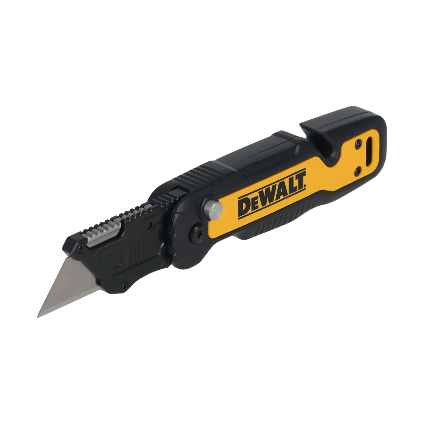 DEWALT Klappmesser mit schwarzem und gelbem Griff sowie einziehbarer Klinge.