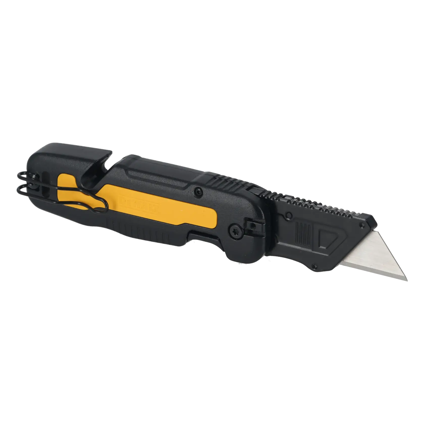 DEWALT Universalmesser mit schwarz-gelbem Griff, faltbar und sichtbarer Klinge.