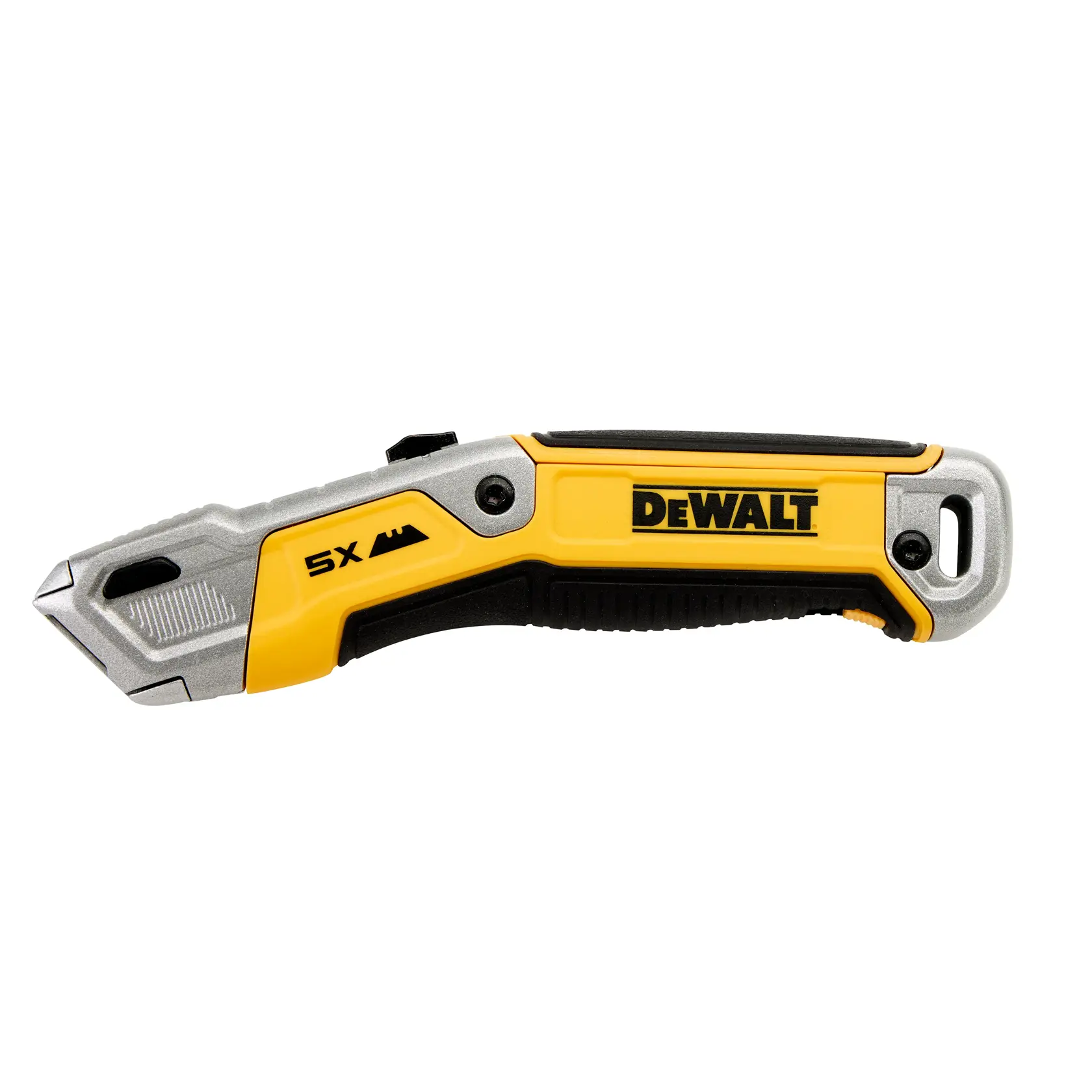 DEWALT gelb-schwarzes Klappmesser mit ergonomischem Griff, geschlossen auf weißem Hintergrund.
