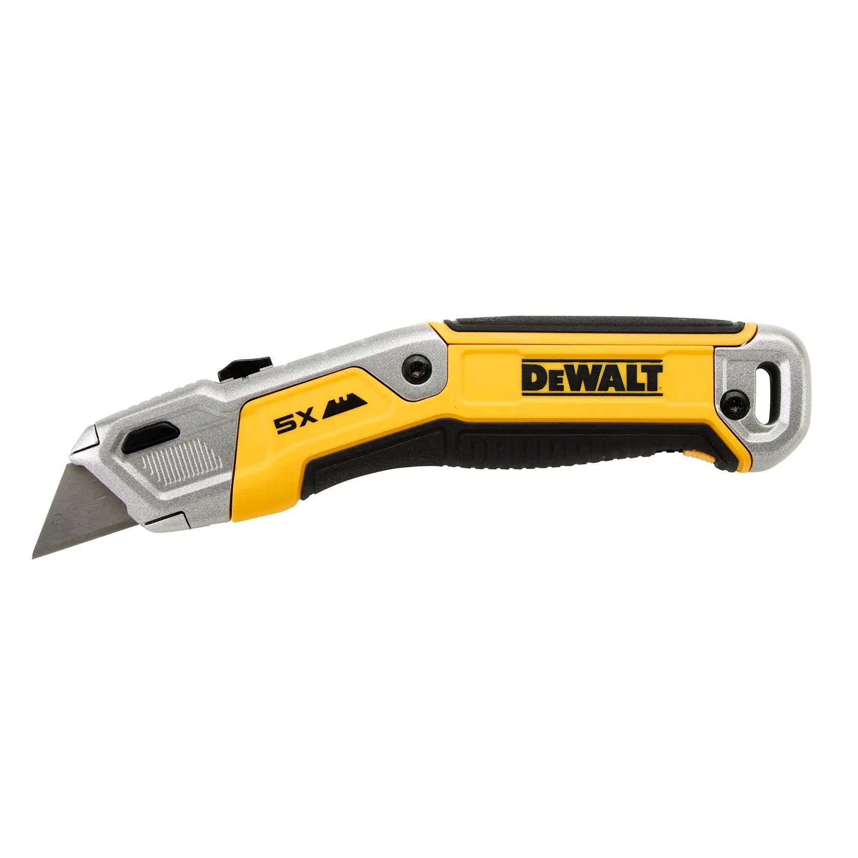DEWALT Universalmesser mit gelb-schwarzem Griff, scharfer Klinge und ergonomischem Design für Schneidearbeiten.