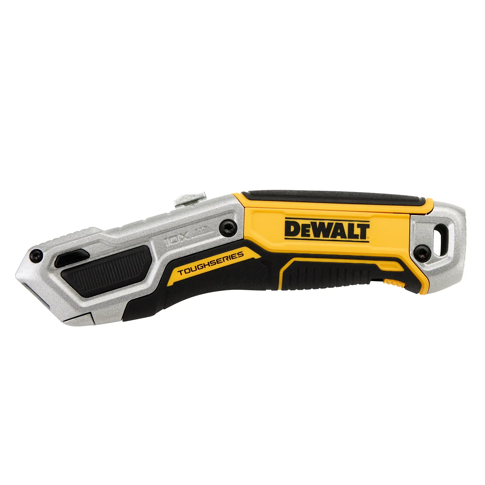 Couteau utilitaire DEWALT ToughSeries avec poignée argent, noire, jaune, fermé et vu de côté.