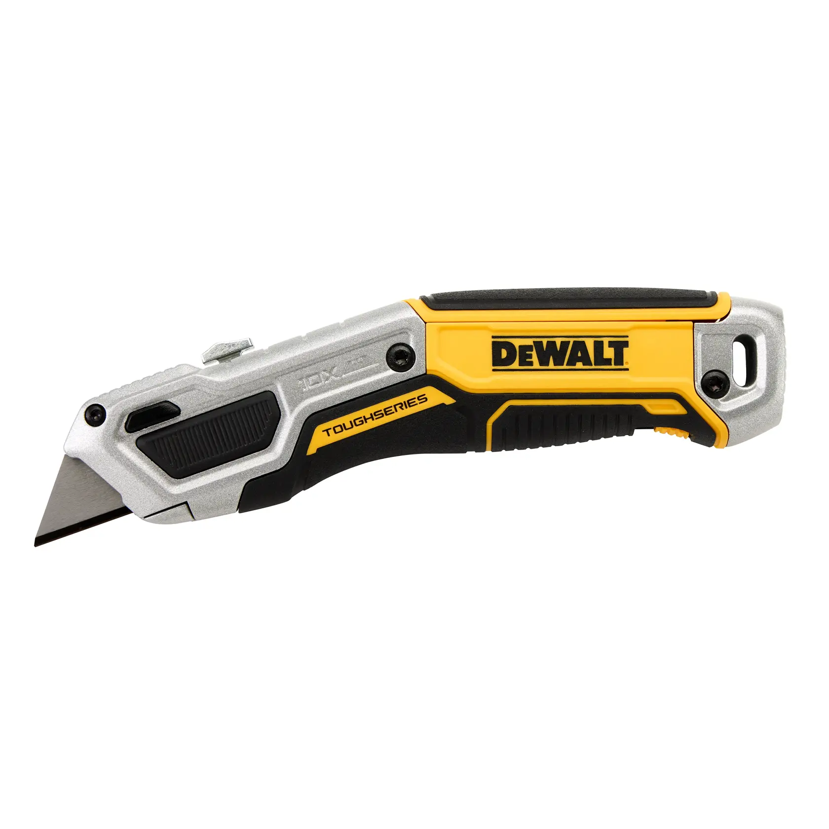 DEWALT ToughSeries Universalmesser mit einziehbarer Klinge und ergonomischem Griff auf weißem Hintergrund.