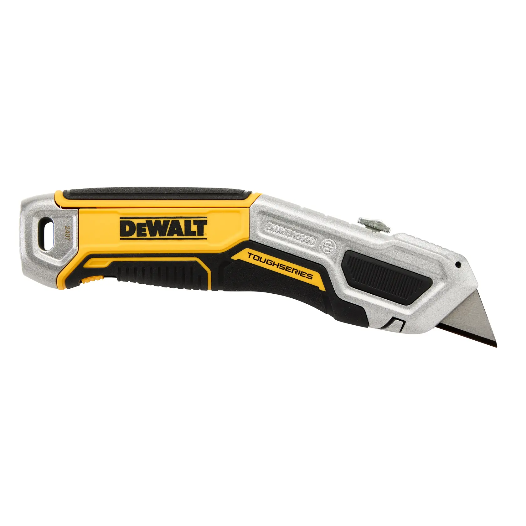 DEWALT ToughSeries Universalmesser mit gelbem, schwarzem und silbernem Griff auf weißem Hintergrund.