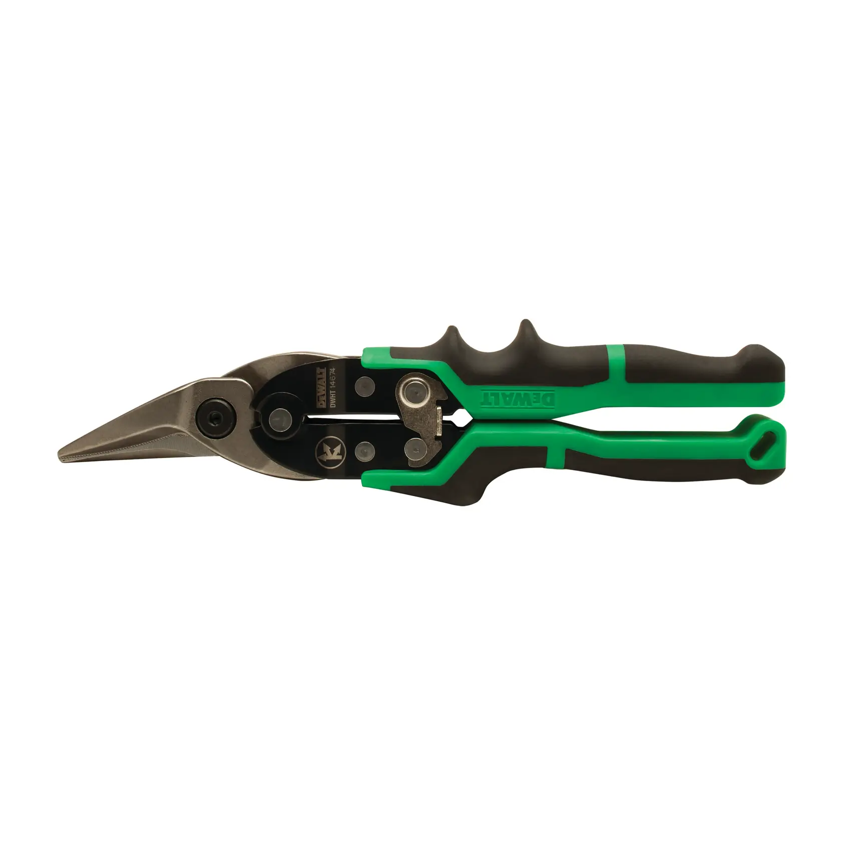 Cisaille à tôle DEWALT verte et noire avec poignée ergonomique pour couper des feuilles de métal.