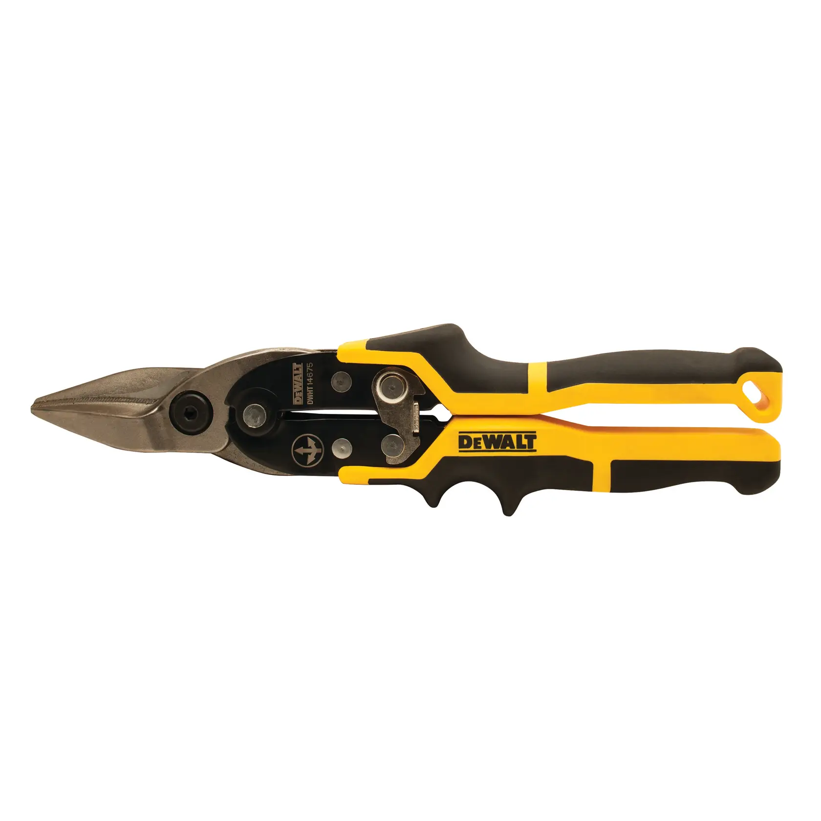 Cisailles d’aviation DEWALT jaune et noire à manche ergonomique, conçues pour couper du métal.