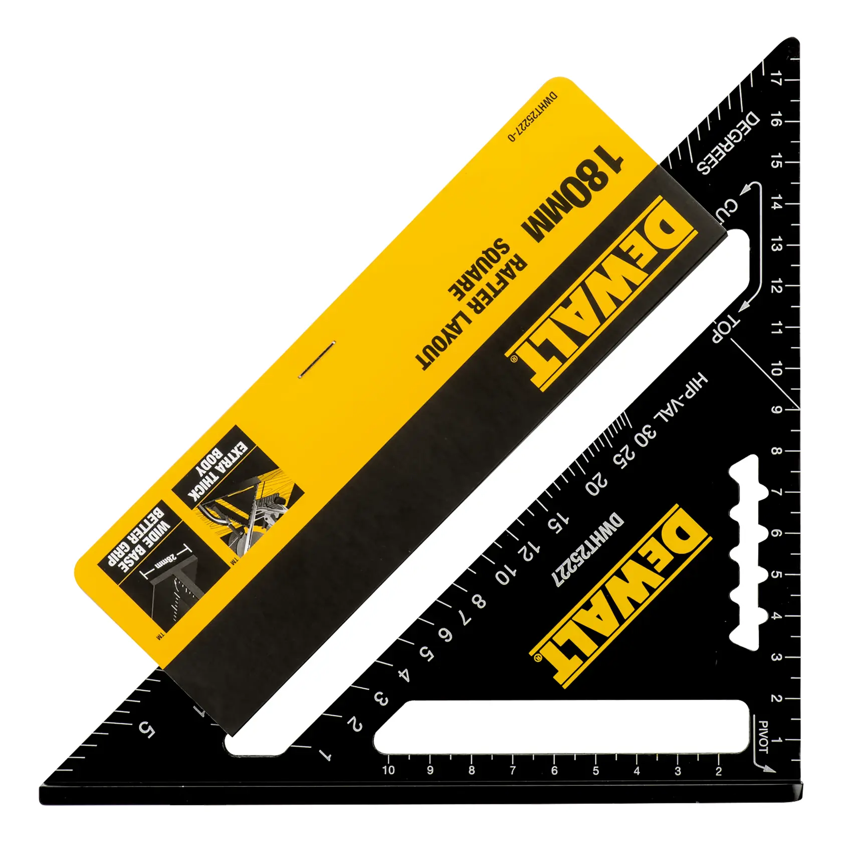 DEWALT 180-mm-Dachlattenwinkel mit schwarzem Körper und gelbem Branding, Modell DWHT25227-0. Das Werkzeug verfügt über Messmarkierungen und Gradindikatoren für den Einsatz in der Zimmerei.