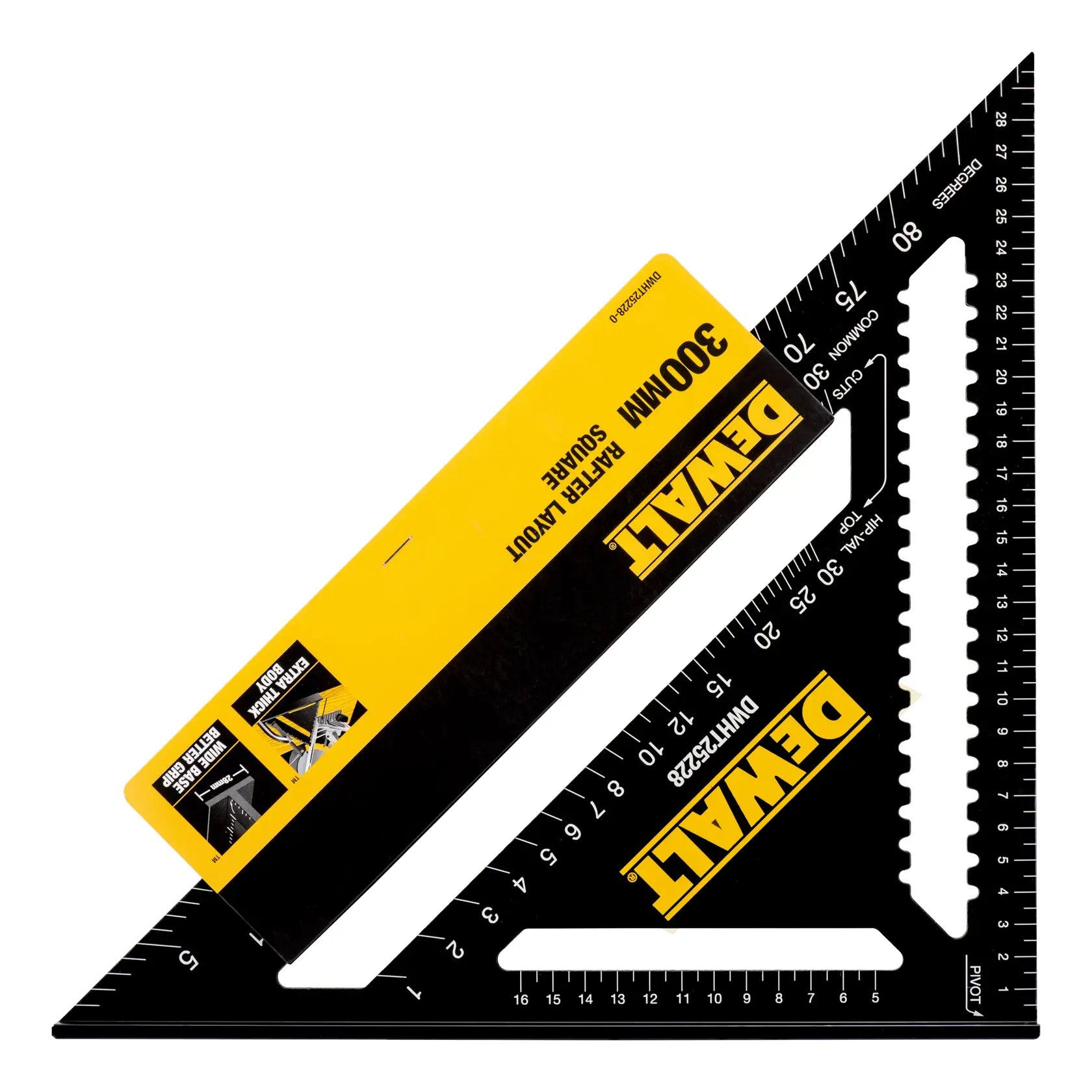 Ein DEWALT 300-mm-Dachlattenwinkel, schwarz mit weißen Messmarkierungen und gelbem Logo, verwendet für präzise Messungen in der Holzverarbeitung und im Bauwesen.