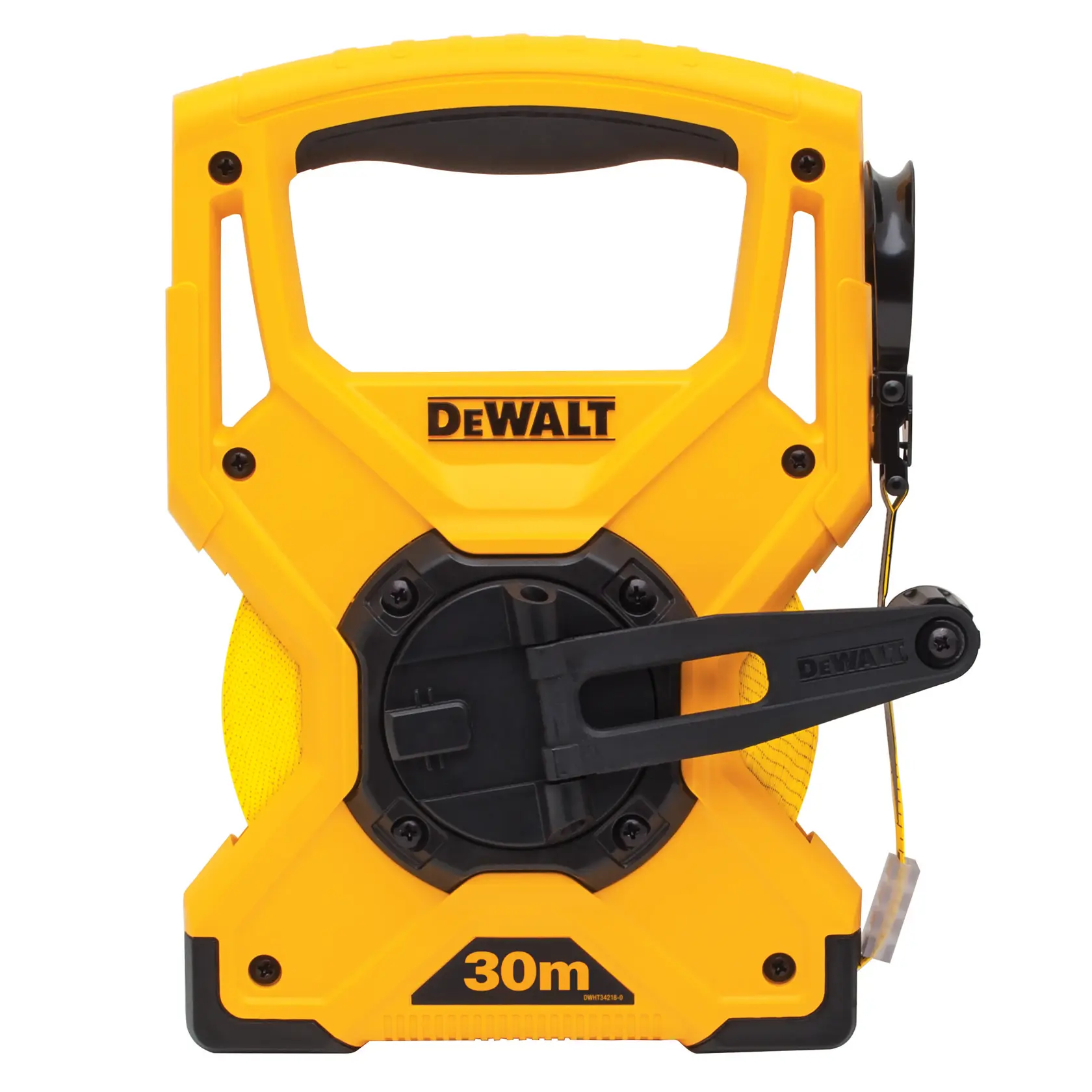 DEWALT 30m Maßband in robustem gelbem Gehäuse mit Griff und einziehbarer Kurbel.