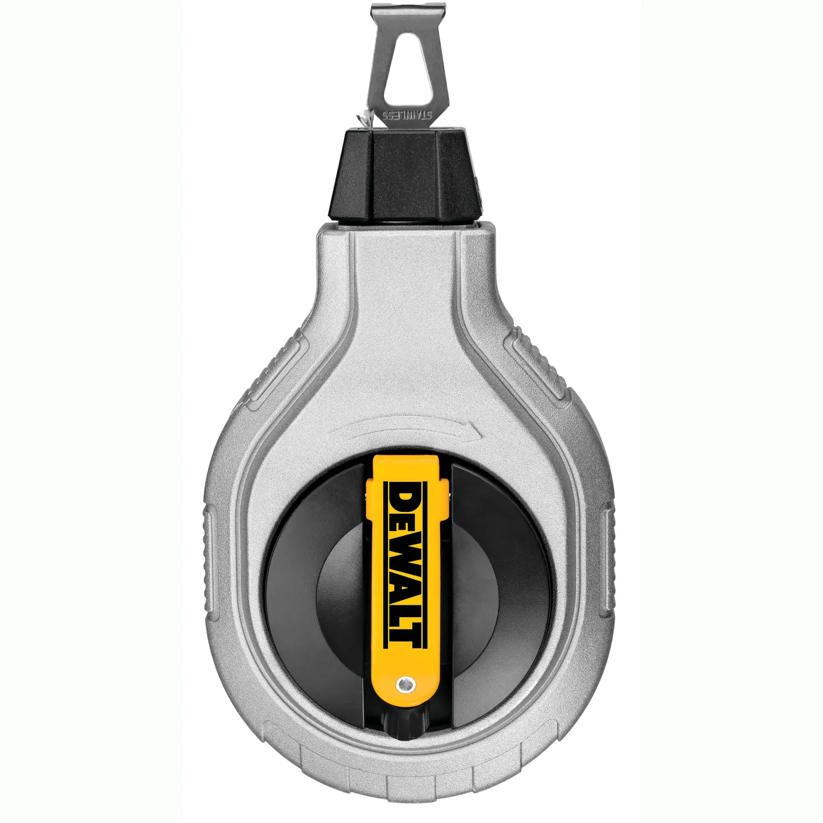 Vue de face d'un cordeau à tracer DEWALT avec un boîtier argenté et noir et une pince jaune portant la marque DEWALT.