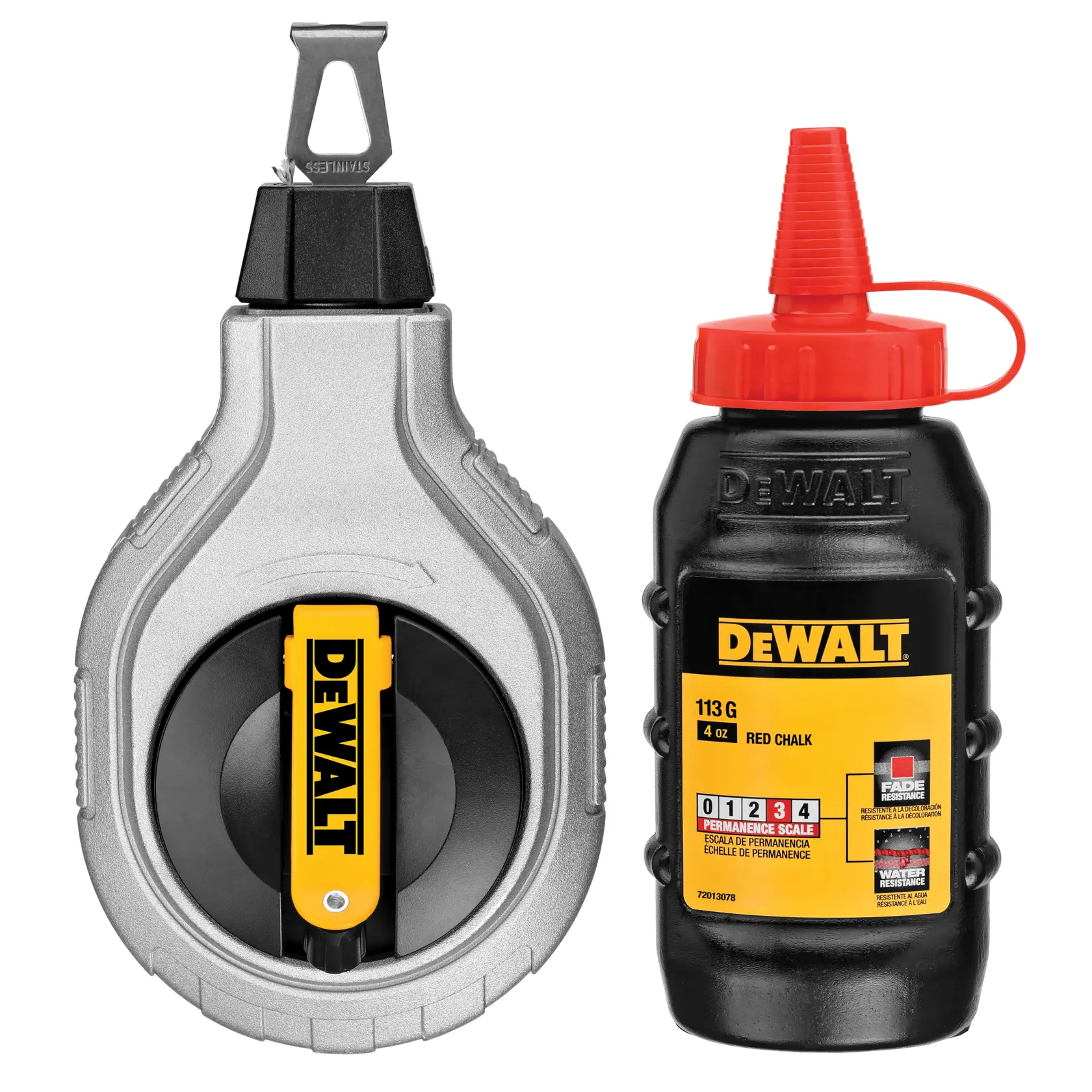 Un kit de cordeau à tracer DEWALT comprenant un outil de cordeau avec une étiquette jaune DEWALT et une bouteille noire de craie rouge avec une buse rouge, utilisés pour marquer des lignes droites dans la construction et la menuiserie.