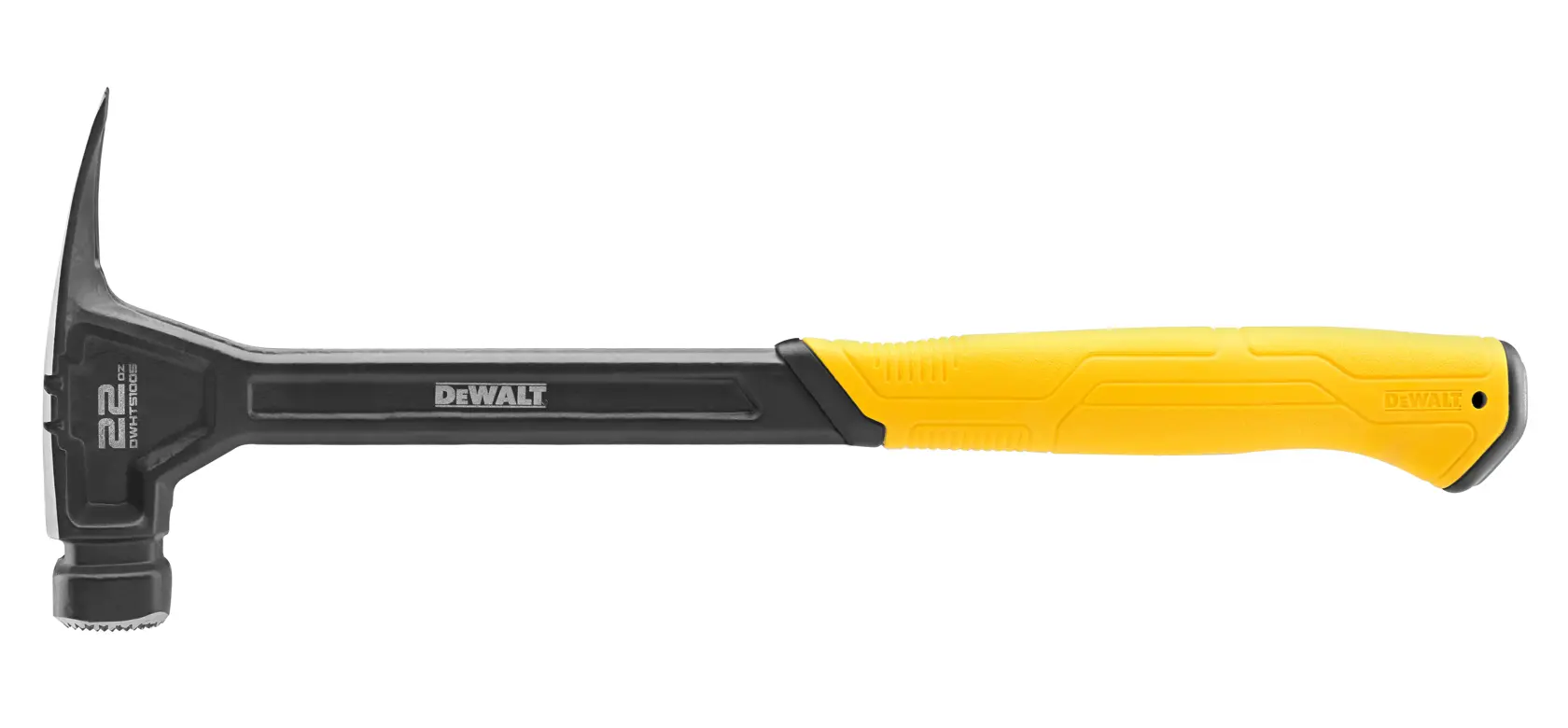 Un marteau DEWALT à panne fendue avec une tête noire et un manche ergonomique jaune, conçu pour enfoncer et retirer les clous.