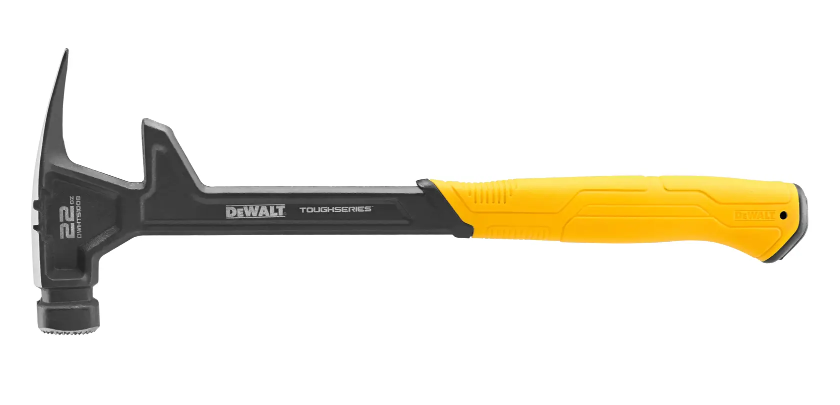 Un marteau DEWALT ToughSeries de 22 oz avec une tête et un manche noirs et une poignée ergonomique jaune, conçu pour une utilisation intensive.