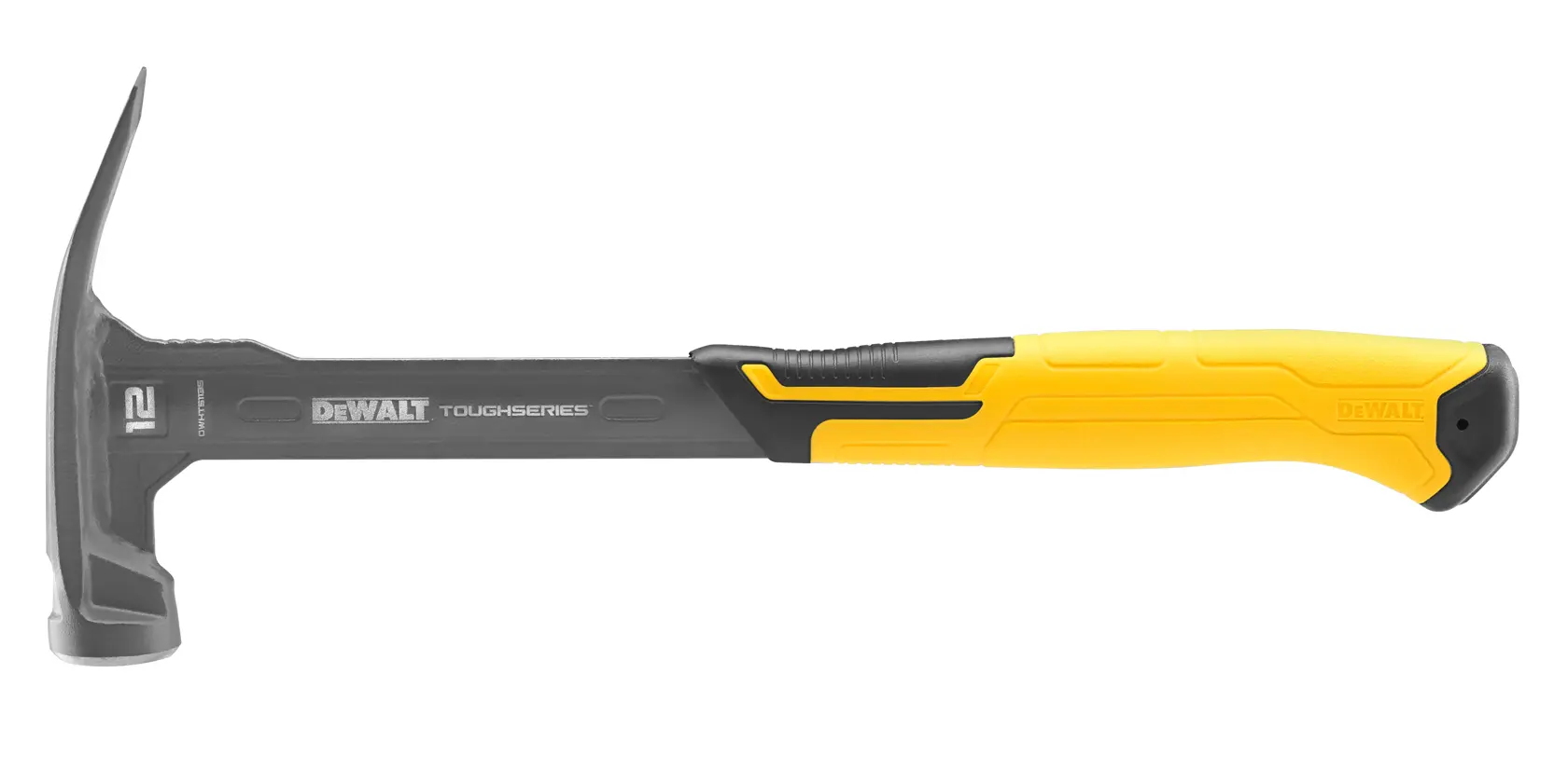 Un marteau DEWALT ToughSeries avec une tête et un manche en métal noir, et une poignée ergonomique jaune et noire. Le marteau possède un design avec griffe pour retirer les clous.