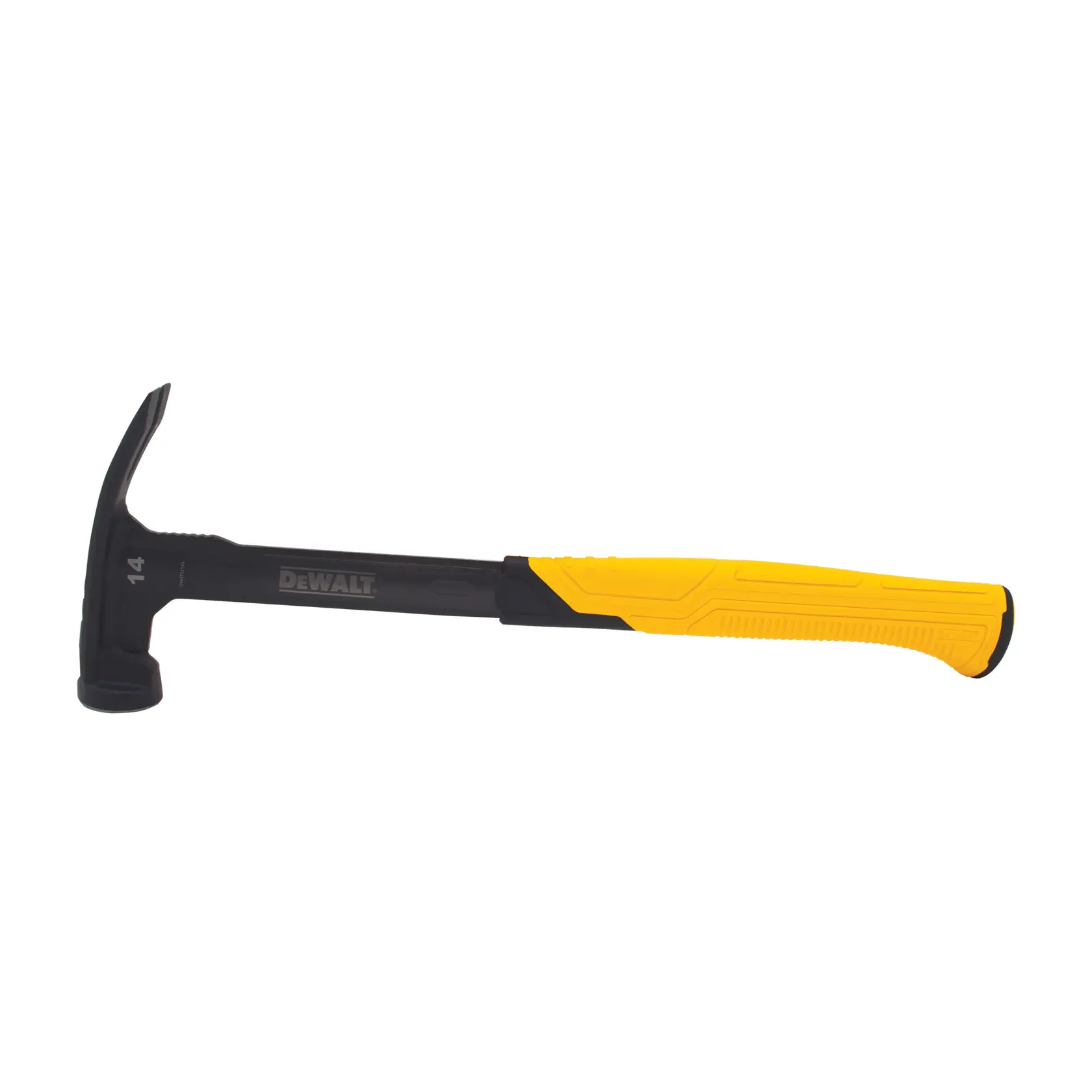 Un marteau à griffes DEWALT avec une tête et un manche noirs et une poignée ergonomique jaune, présenté sur un fond blanc.