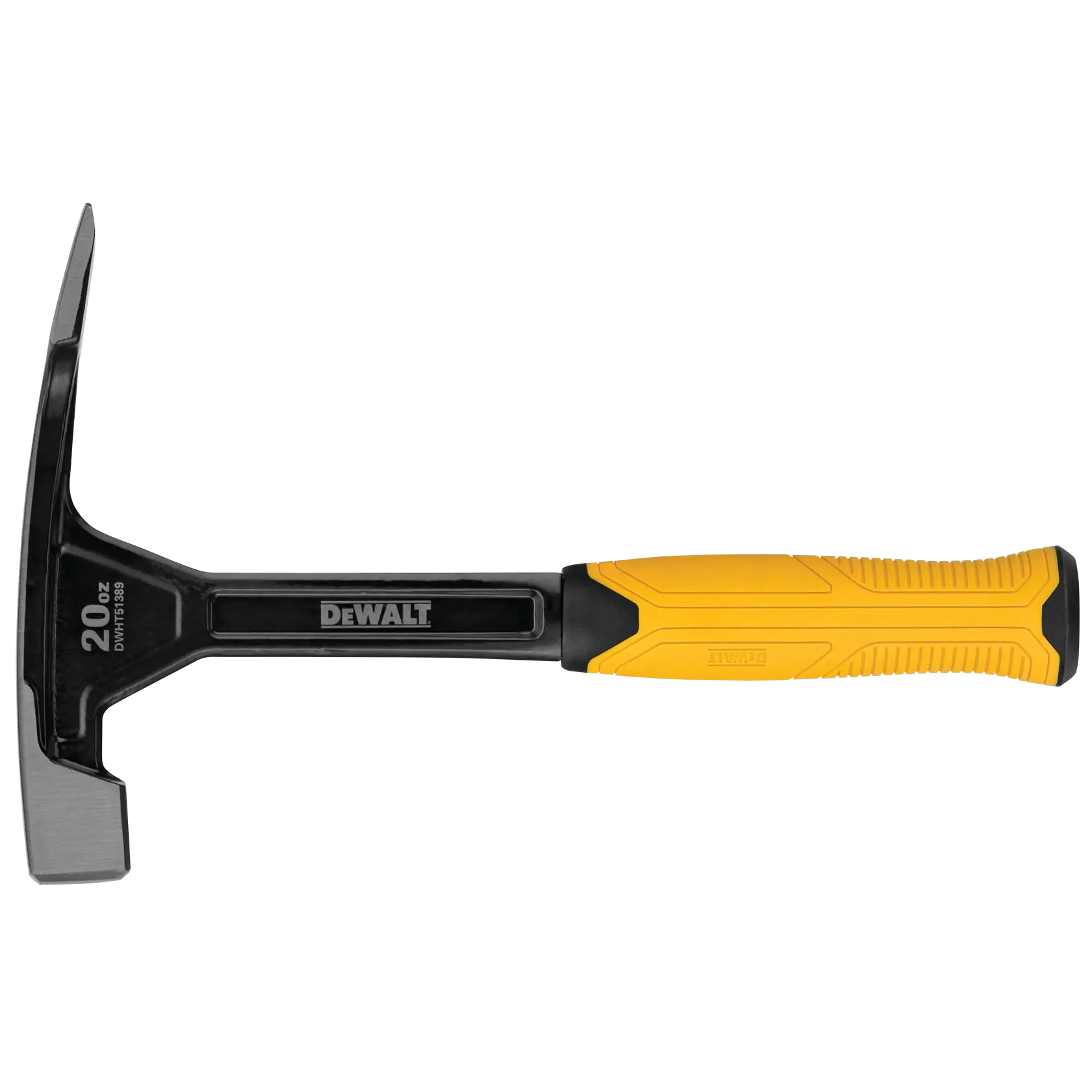 Un marteau DEWALT de 20 oz avec une poignée ergonomique jaune et noire. Le numéro de modèle DWHT51389 est visible sur la tête, et le design convient aux travaux de construction ou de menuiserie.