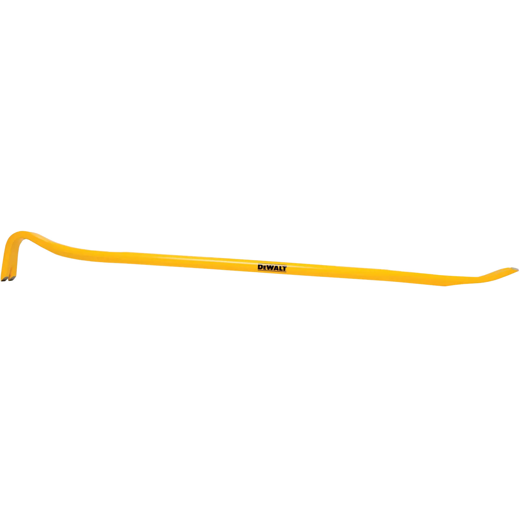 Un pied-de-biche jaune de marque DEWALT avec une extrémité plate et une extrémité inclinée, utilisé pour des travaux de démolition et de levage.