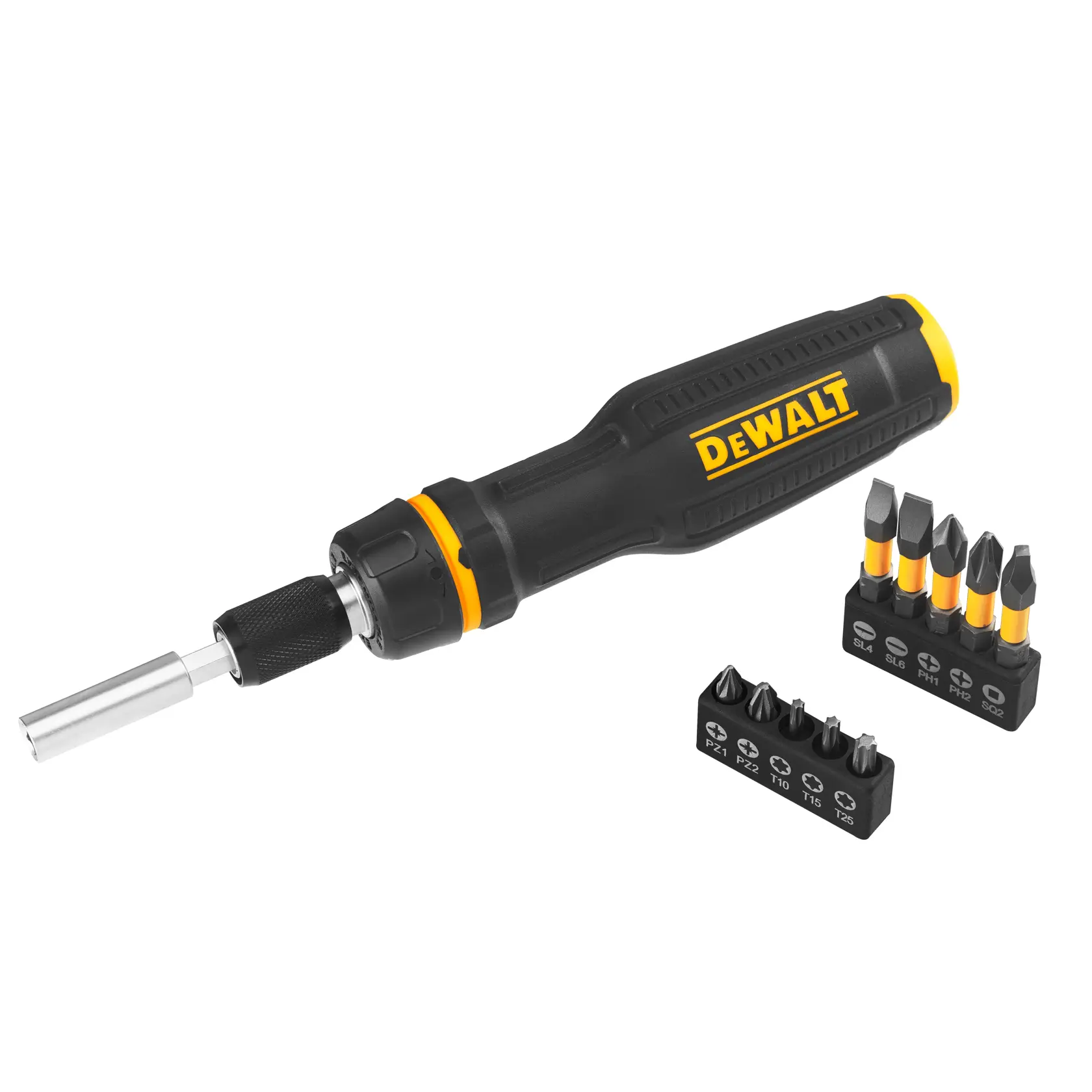 Tournevis DEWALT avec embouts, DWHT68001-0, DWHT68001, catégorie photographie, deux ensembles d'embouts.