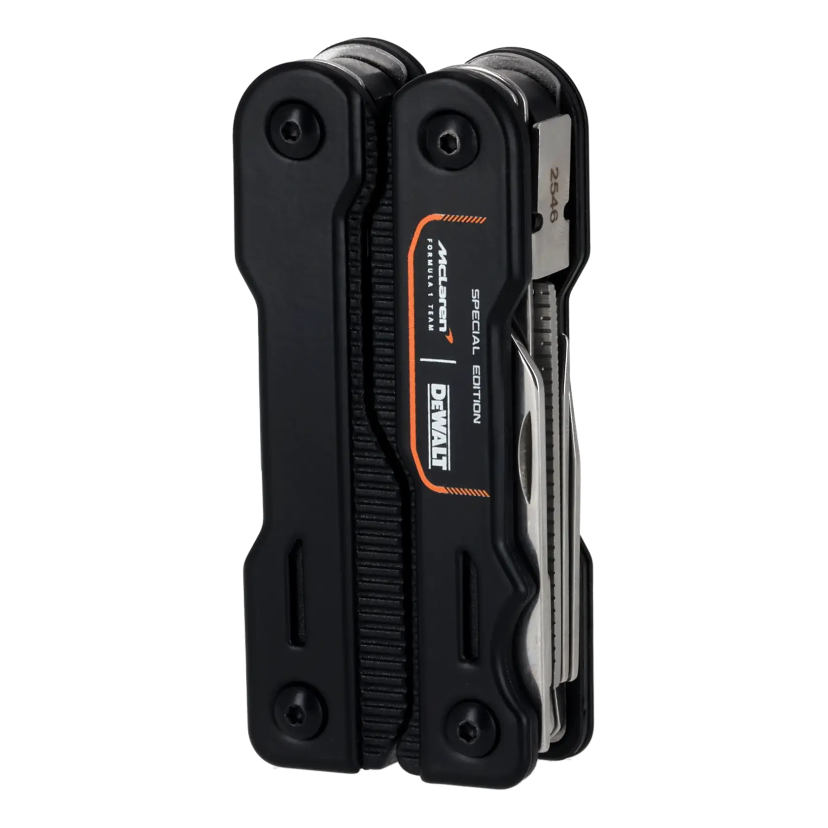 Multiherramienta DEWALT McLaren Edición Especial con cuchillo, regla, tijeras y alicate desplegados.