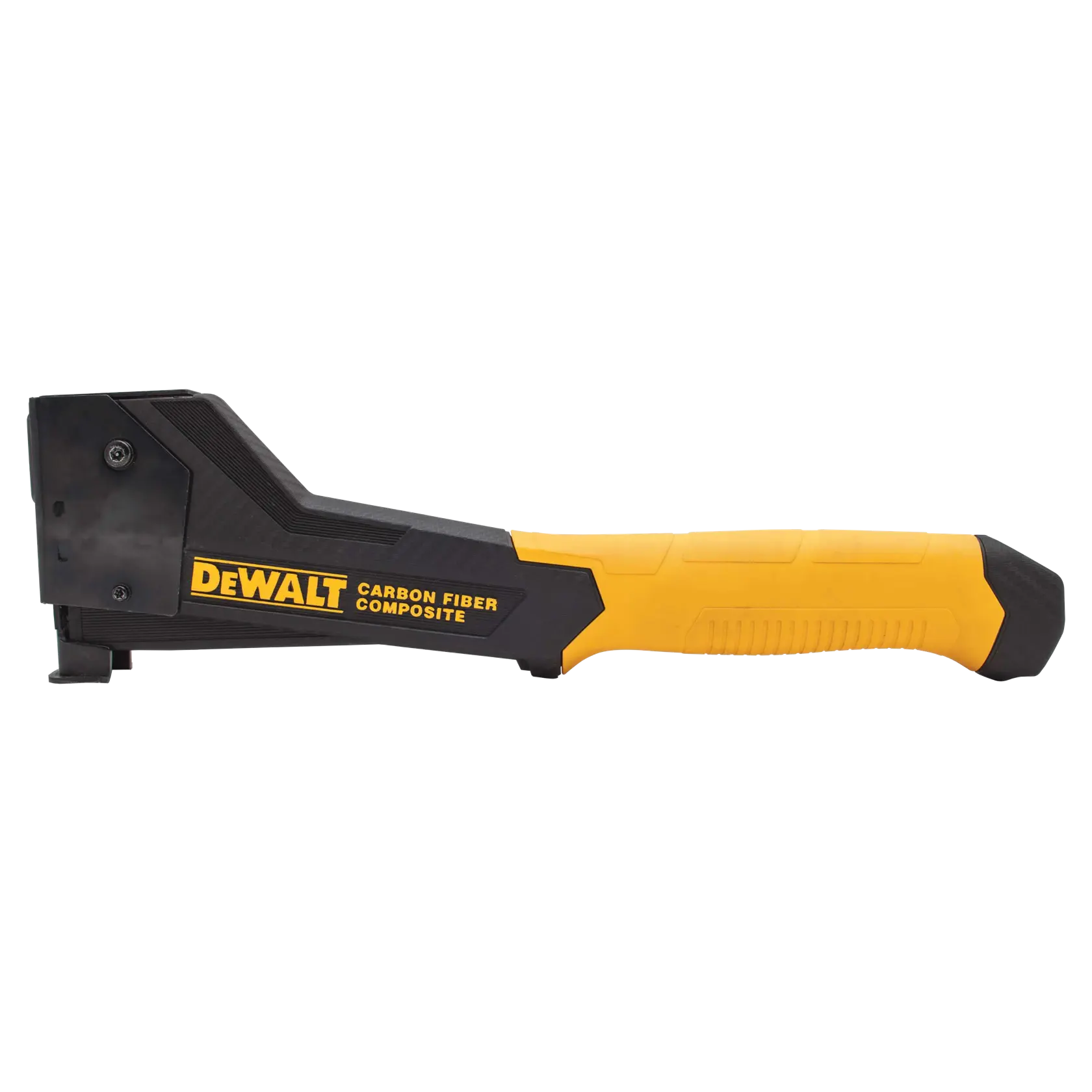 Une agrafeuse marteau DEWALT en composite de fibre de carbone avec une poignée jaune et noire, vue de côté.